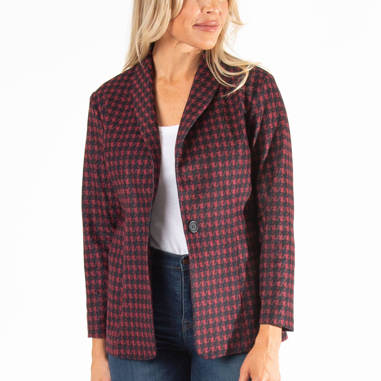 Sale - Nadia Long Sleeve Houndstooth Stretch Blazer: Ruby Houndstooth / M/L