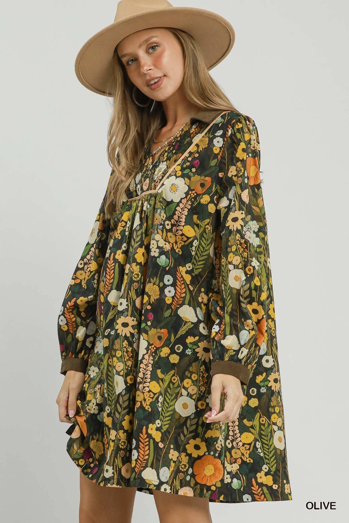 Floral Print Smocked Yoke Babydoll Dress: OLIVE