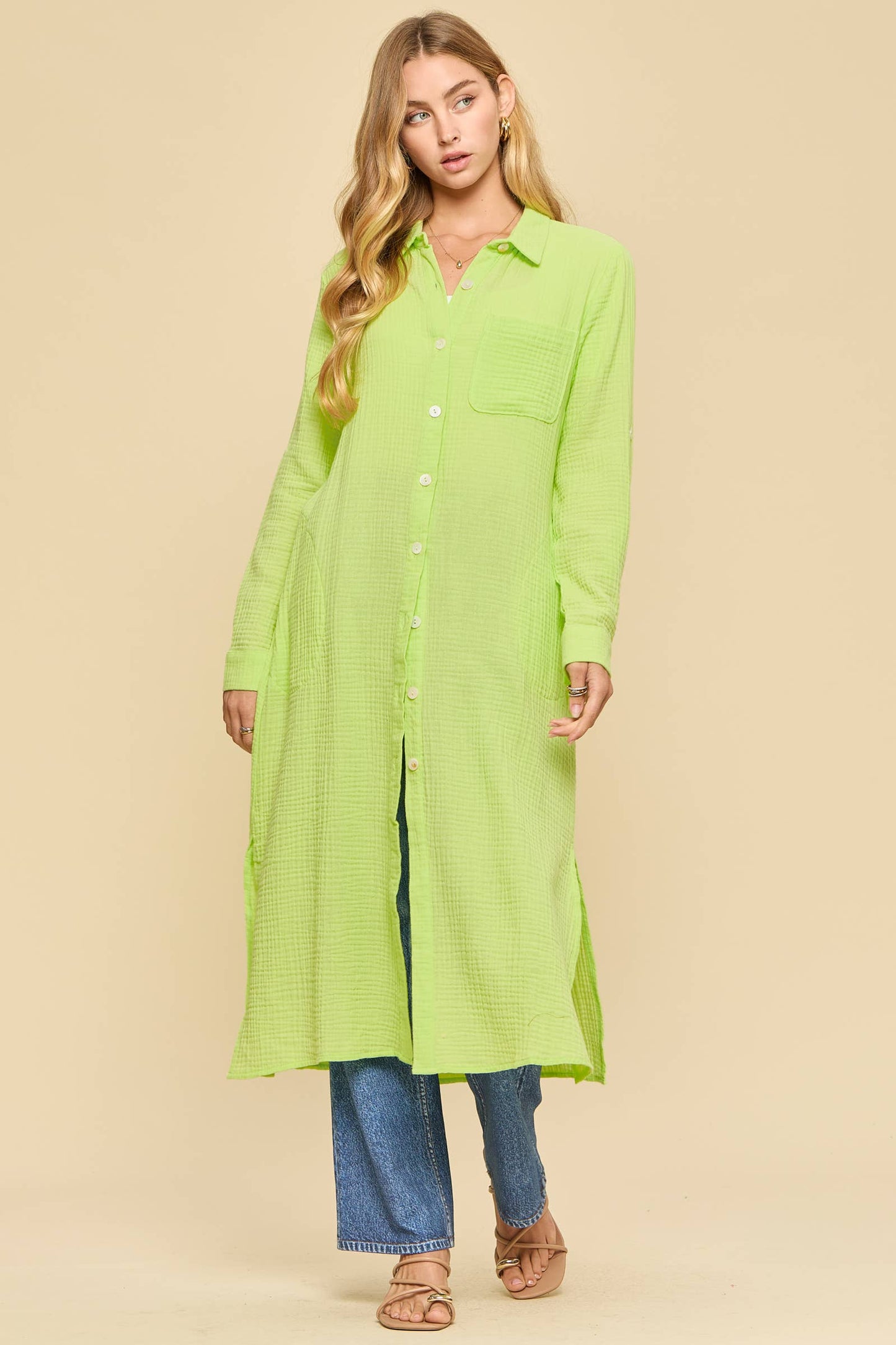 Breathable Cotton Button-Down Duster: PEACH SORBET