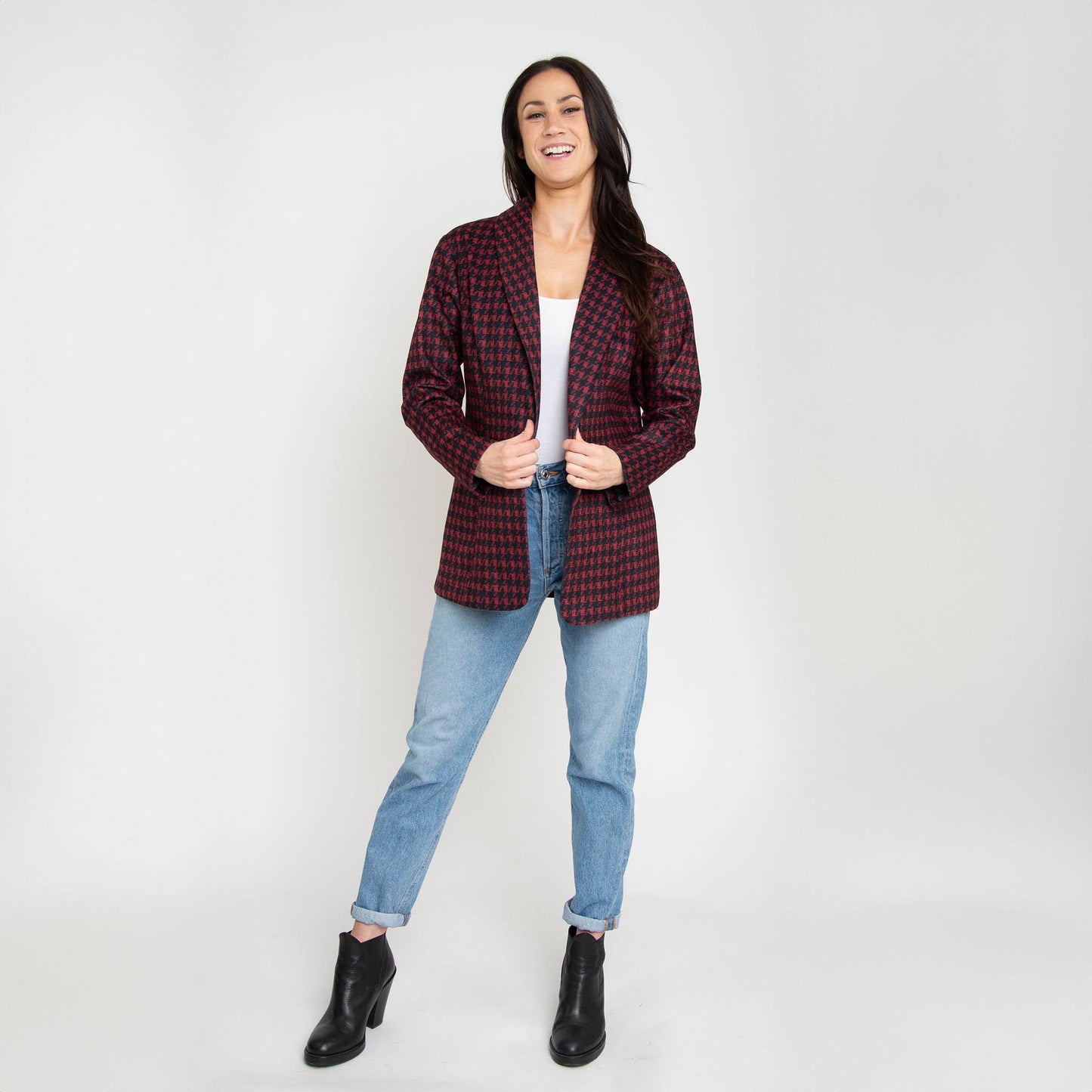 Sale - Nadia Long Sleeve Houndstooth Stretch Blazer: Ruby Houndstooth / S/M