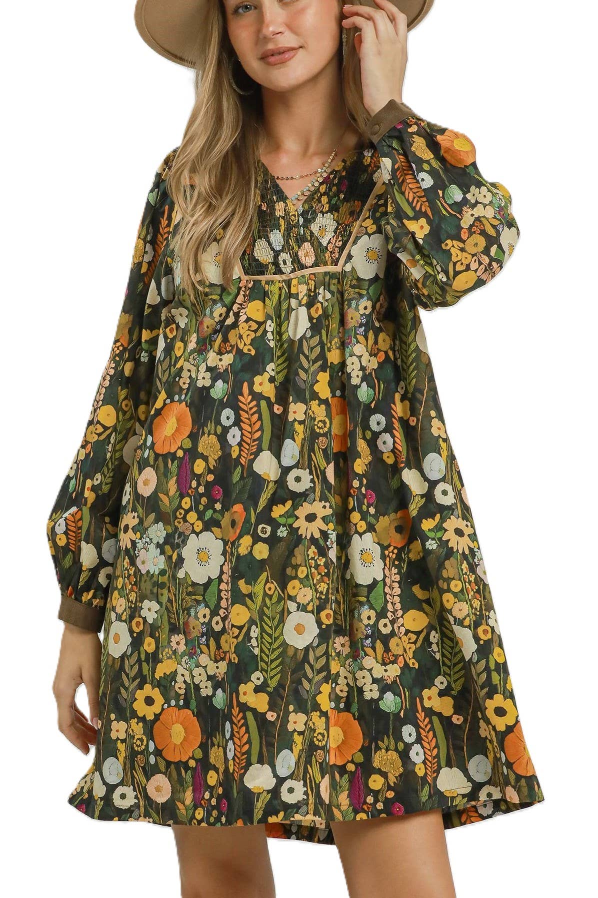 Floral Print Smocked Yoke Babydoll Dress: OLIVE