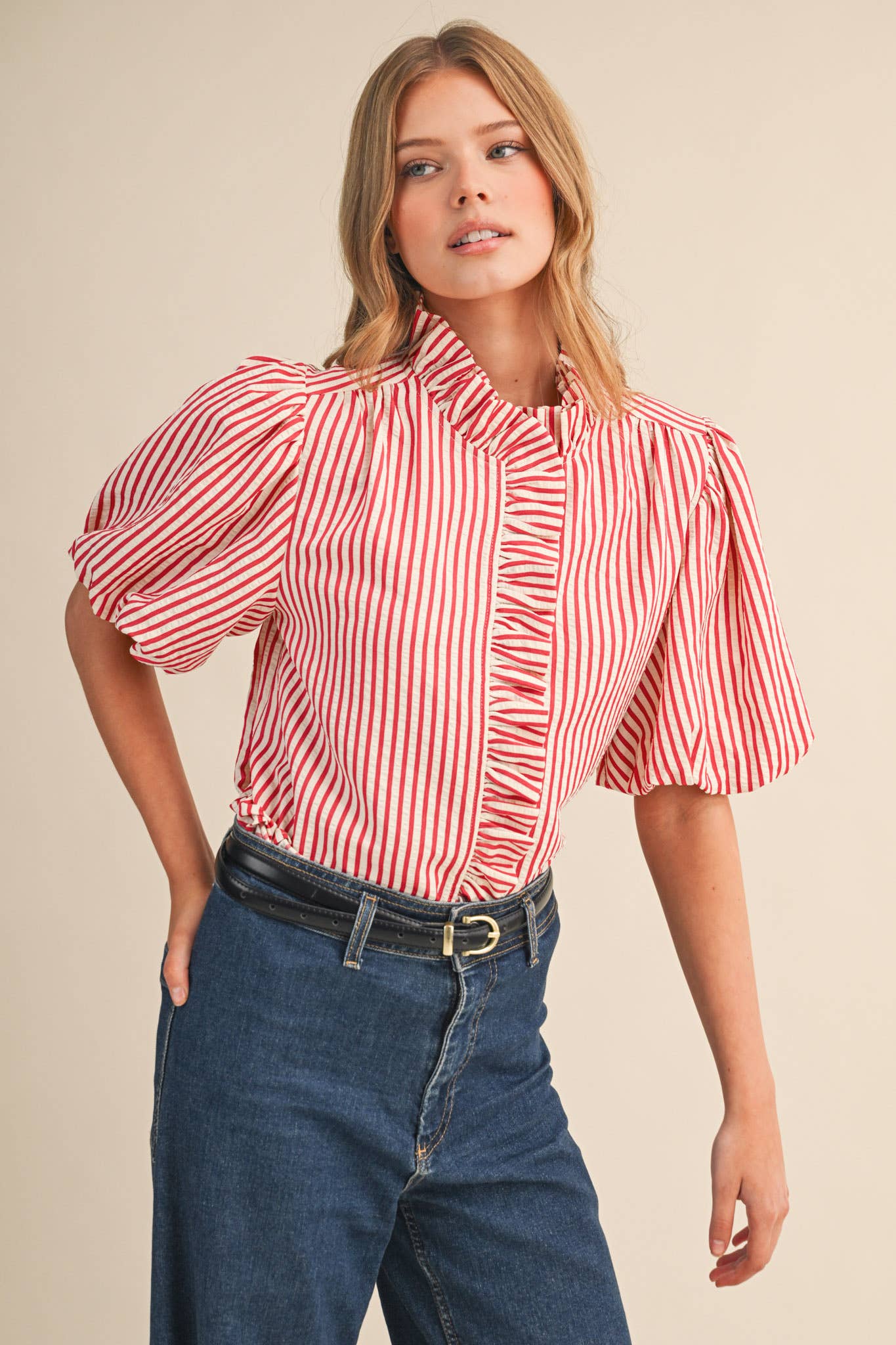 STRIPED RUFFLED BUTTON DOWN TOP