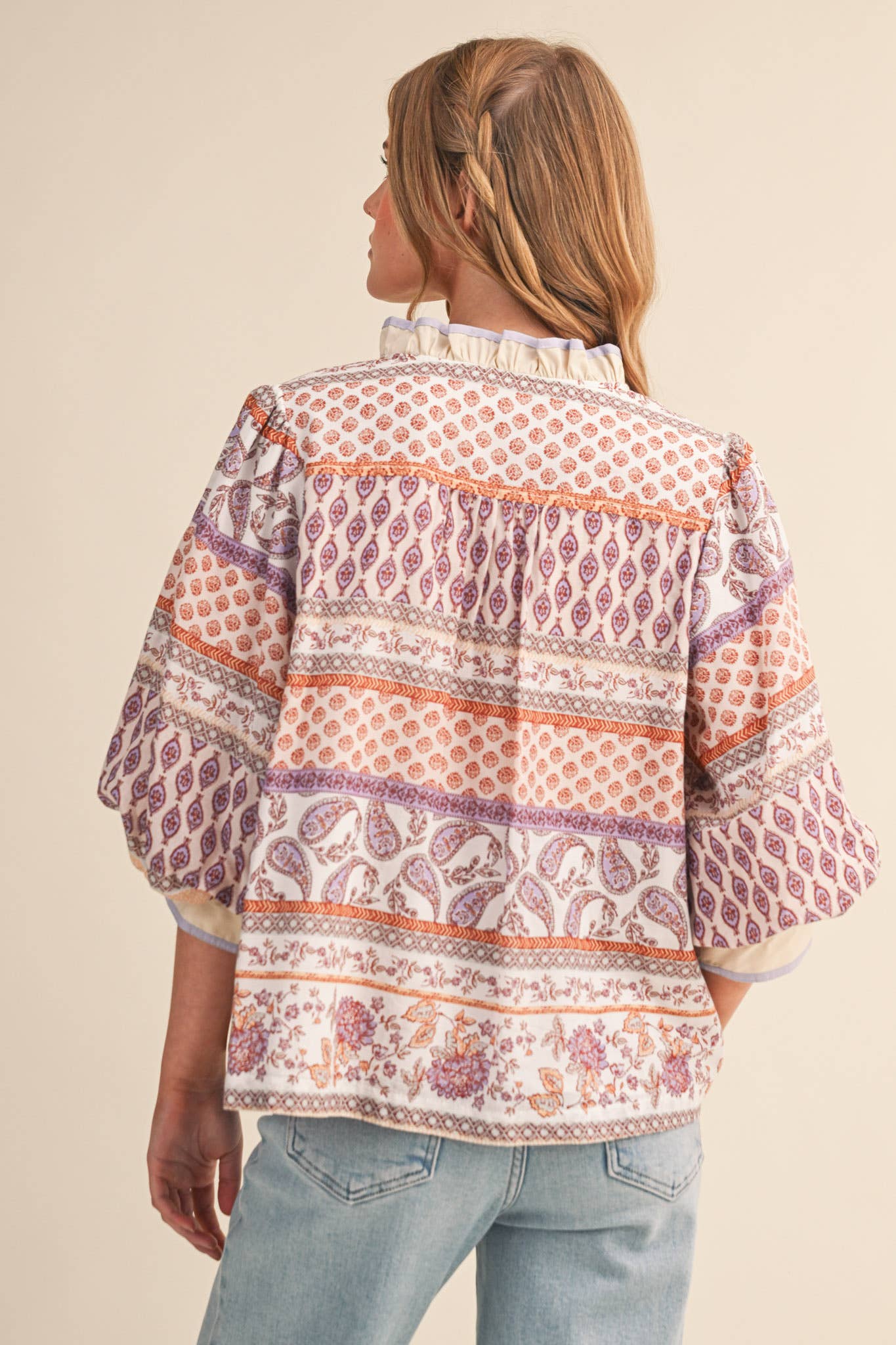 PRINT BUBBLE SLEEVE V NECK TOP