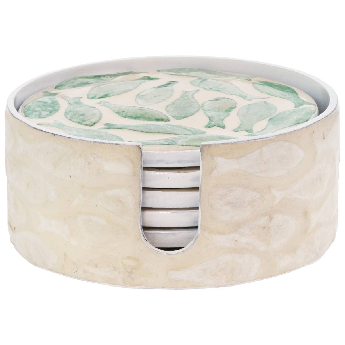 4.25" Dia. Mother Of Pearl Swirling Fish Coasters Set of 6