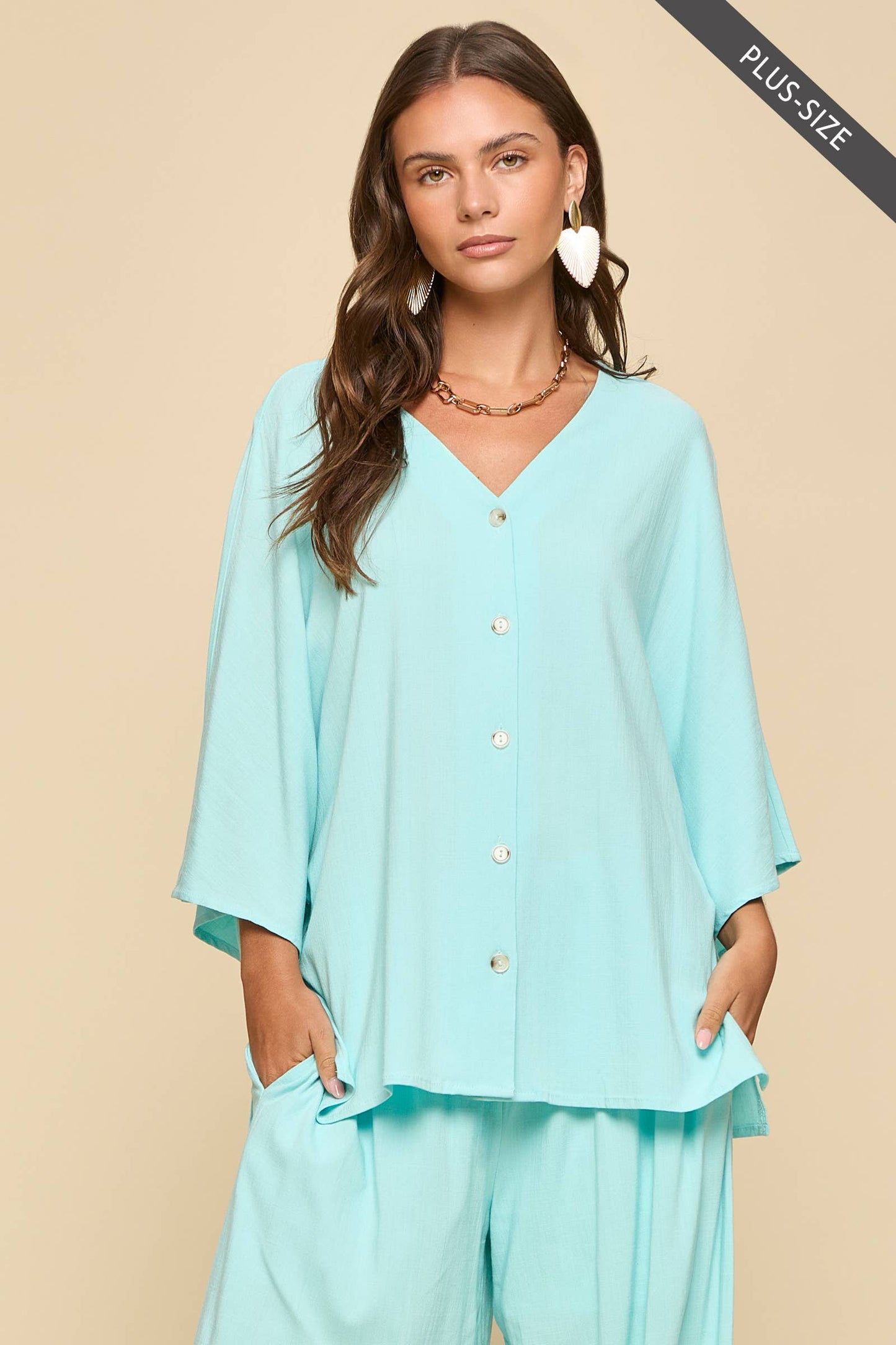 PLUS SIZE 2-Piece Linen Summer Set: EMERALD