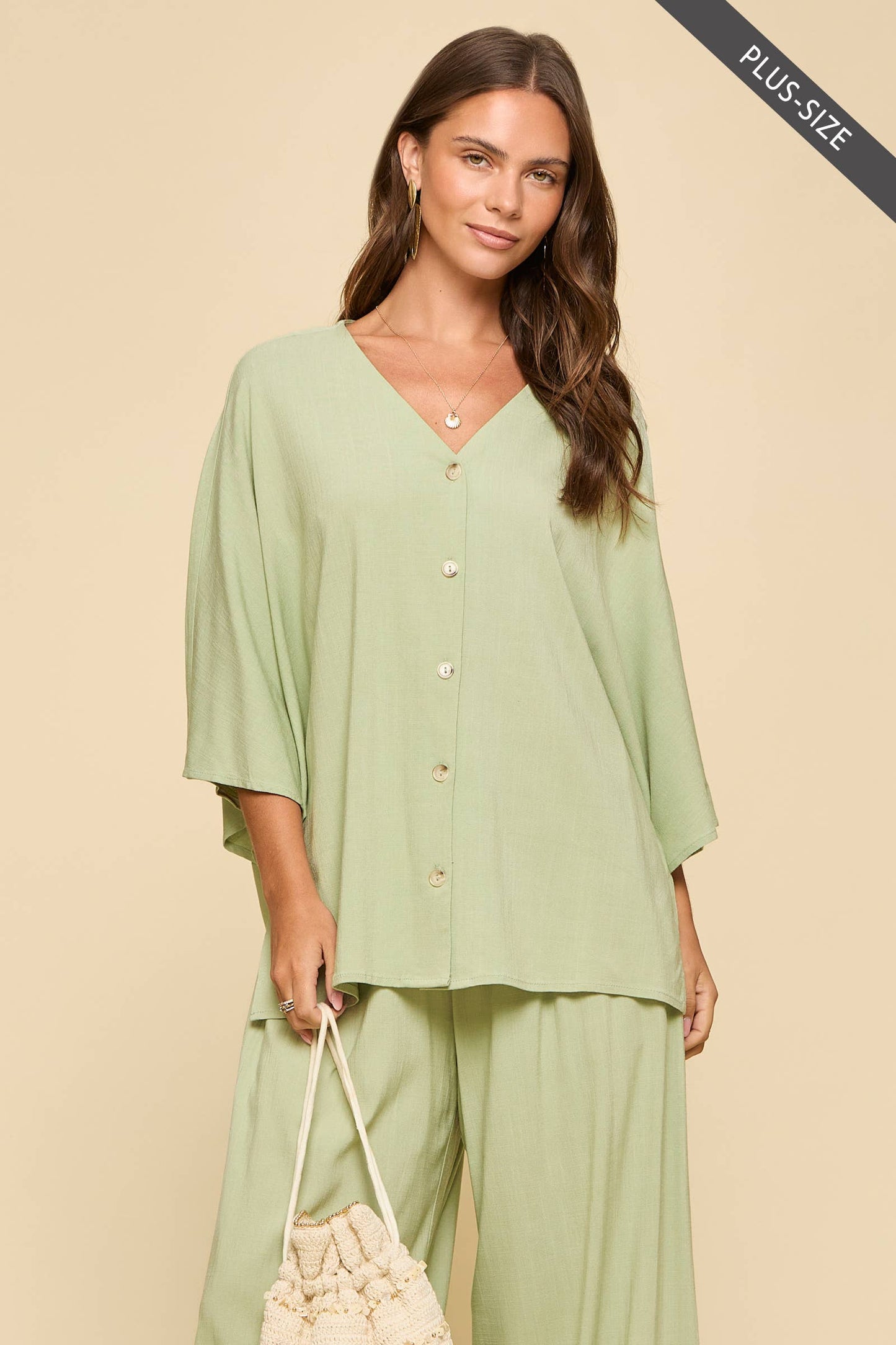 PLUS SIZE 2-Piece Linen Summer Set: EMERALD