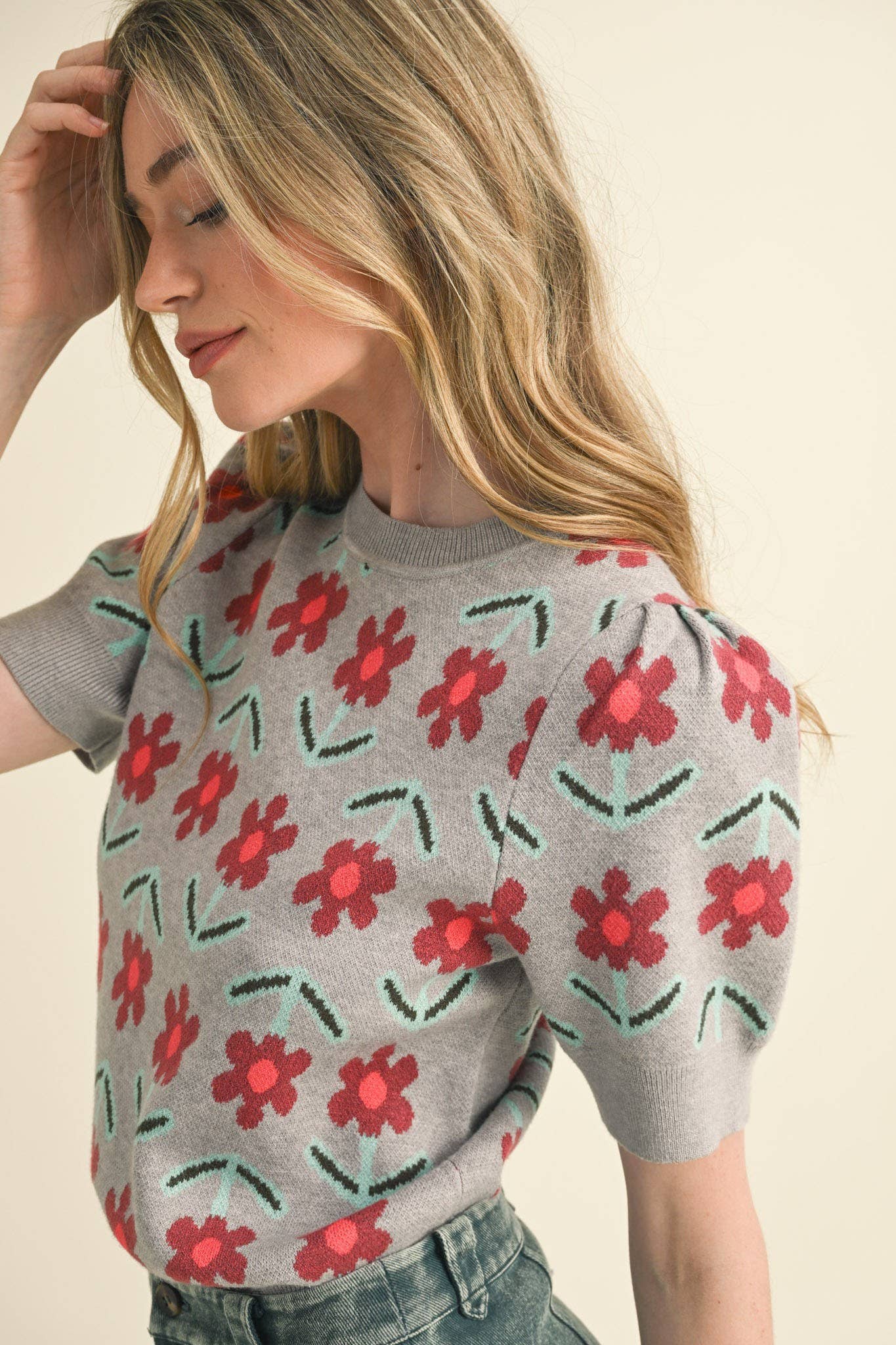 SHORT SLEEVE FLORAL KNIT SWEATER ORCHID