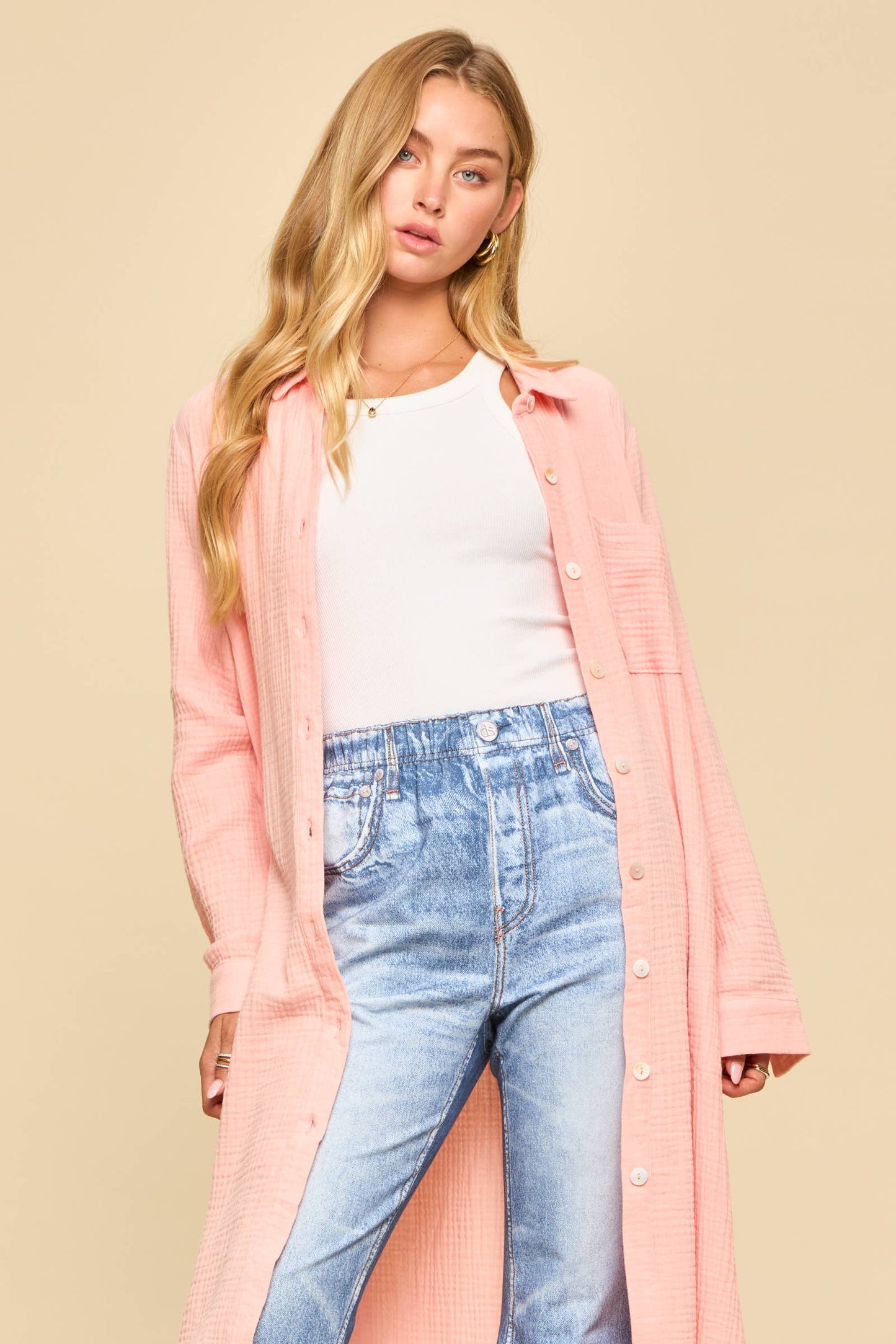 Breathable Cotton Button-Down Duster: PEACH SORBET