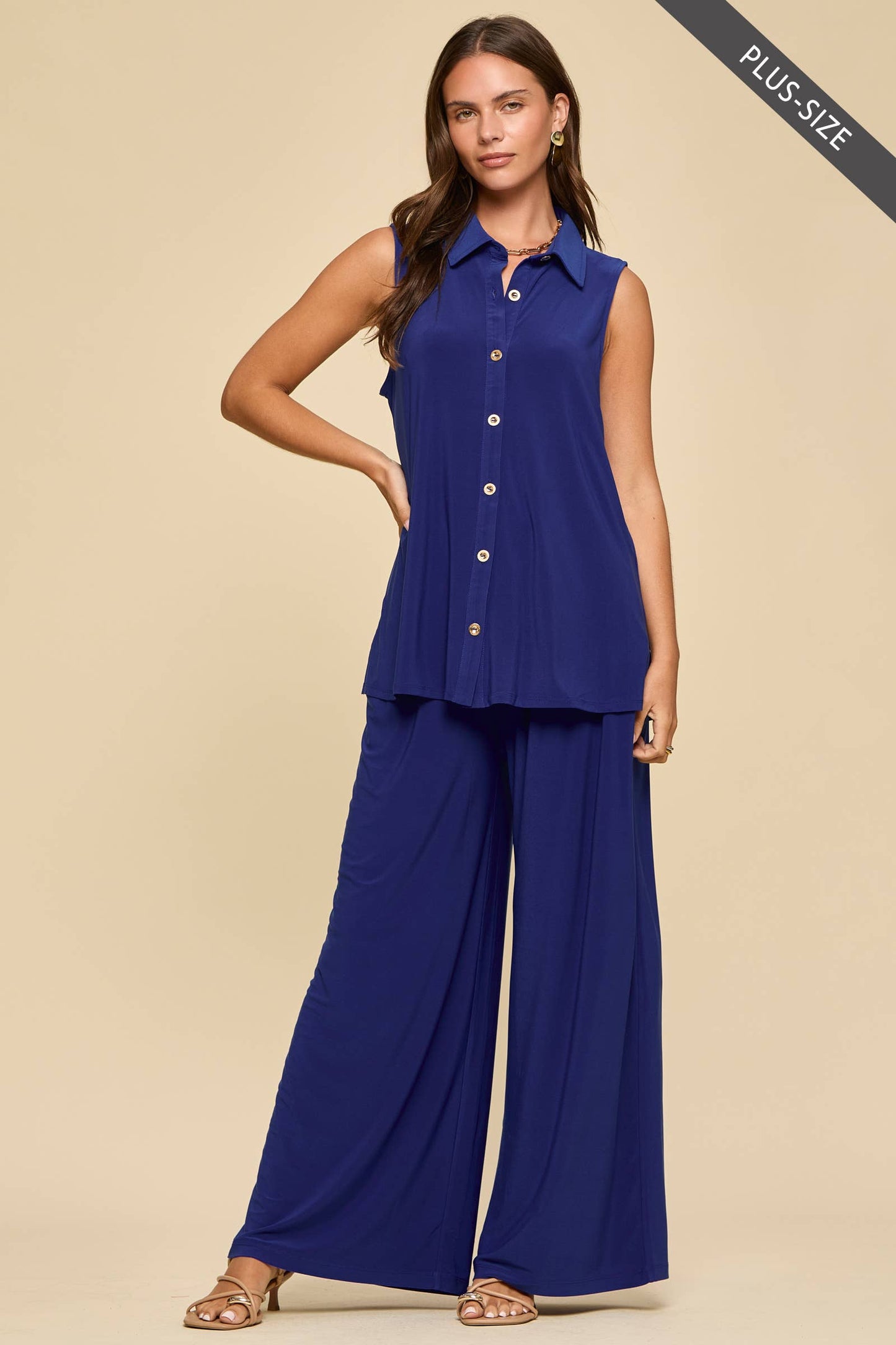 PLUS SIZE 2-Piece Tank + Relaxed Pants Resort Wear Set: ROYAL BLUE /