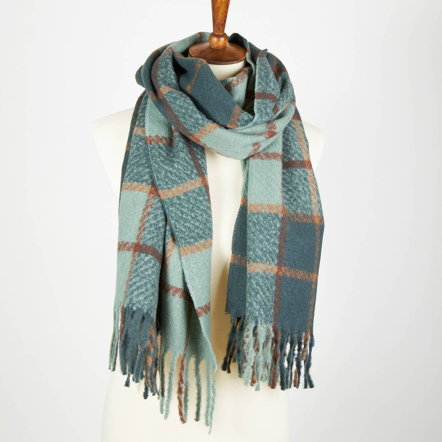 Kylie Windowpane Plaid Fringe Winter Scarf: Cream