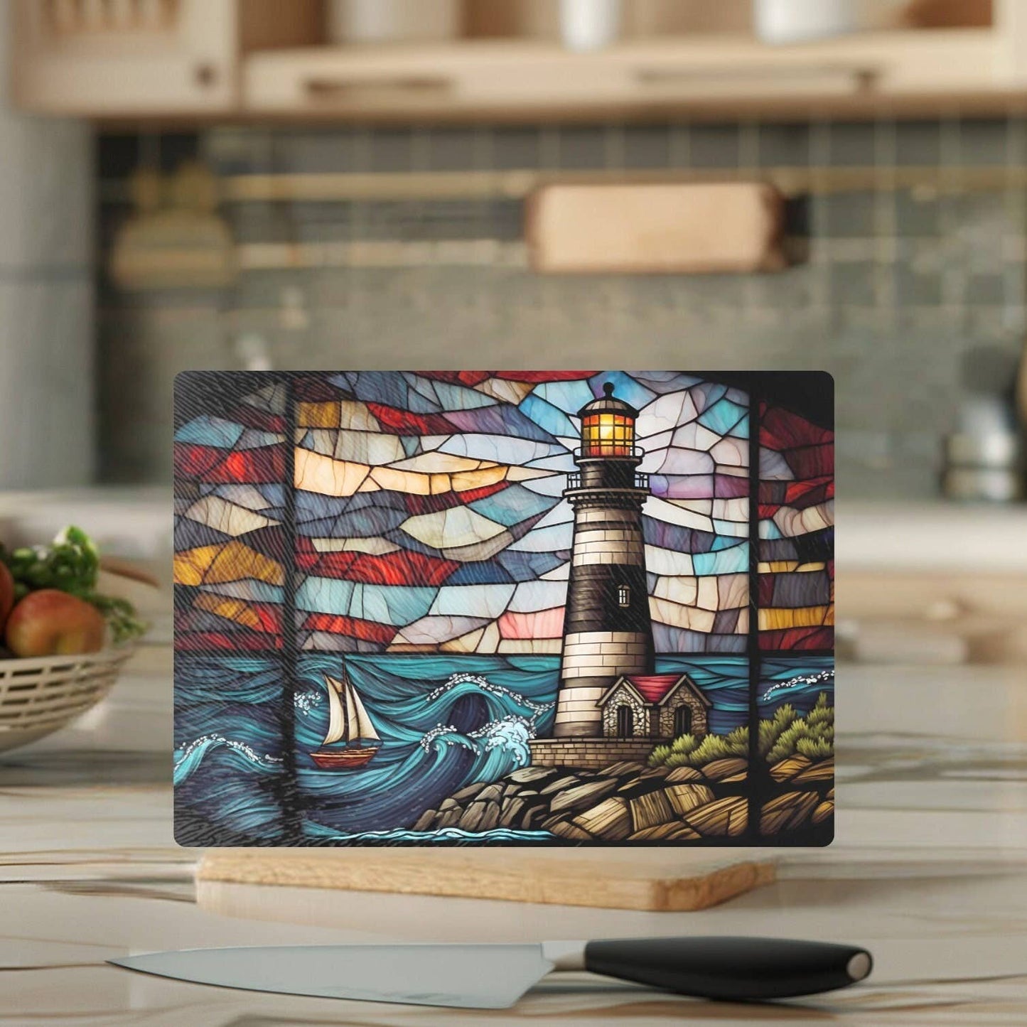 Tempered Glass Cutting Board: Lighthouse Charcuterie Tray: 11 x 15 inch