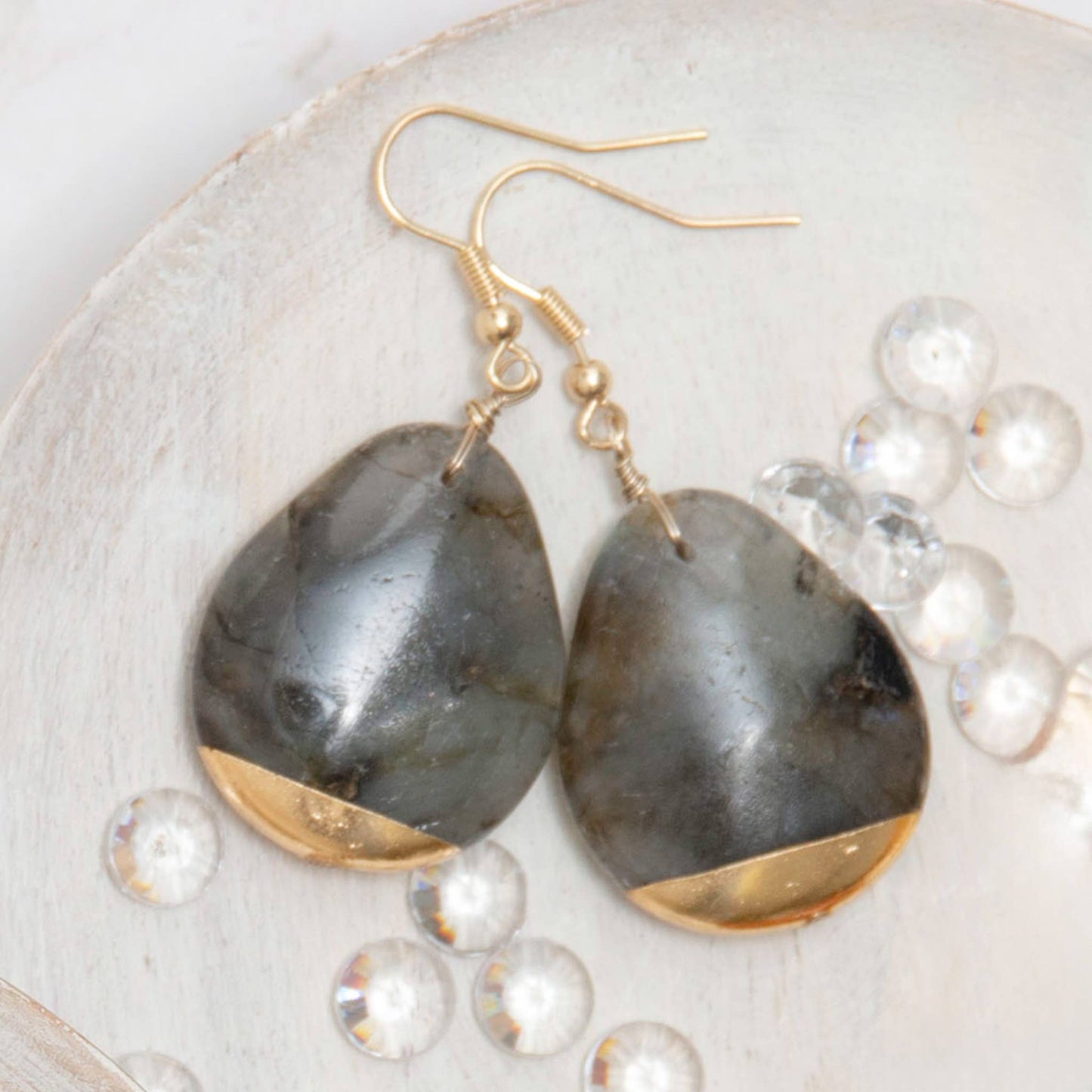 Nalani Teardrop Genuine Stone Gold Dipped Drop Earring: Obsidian