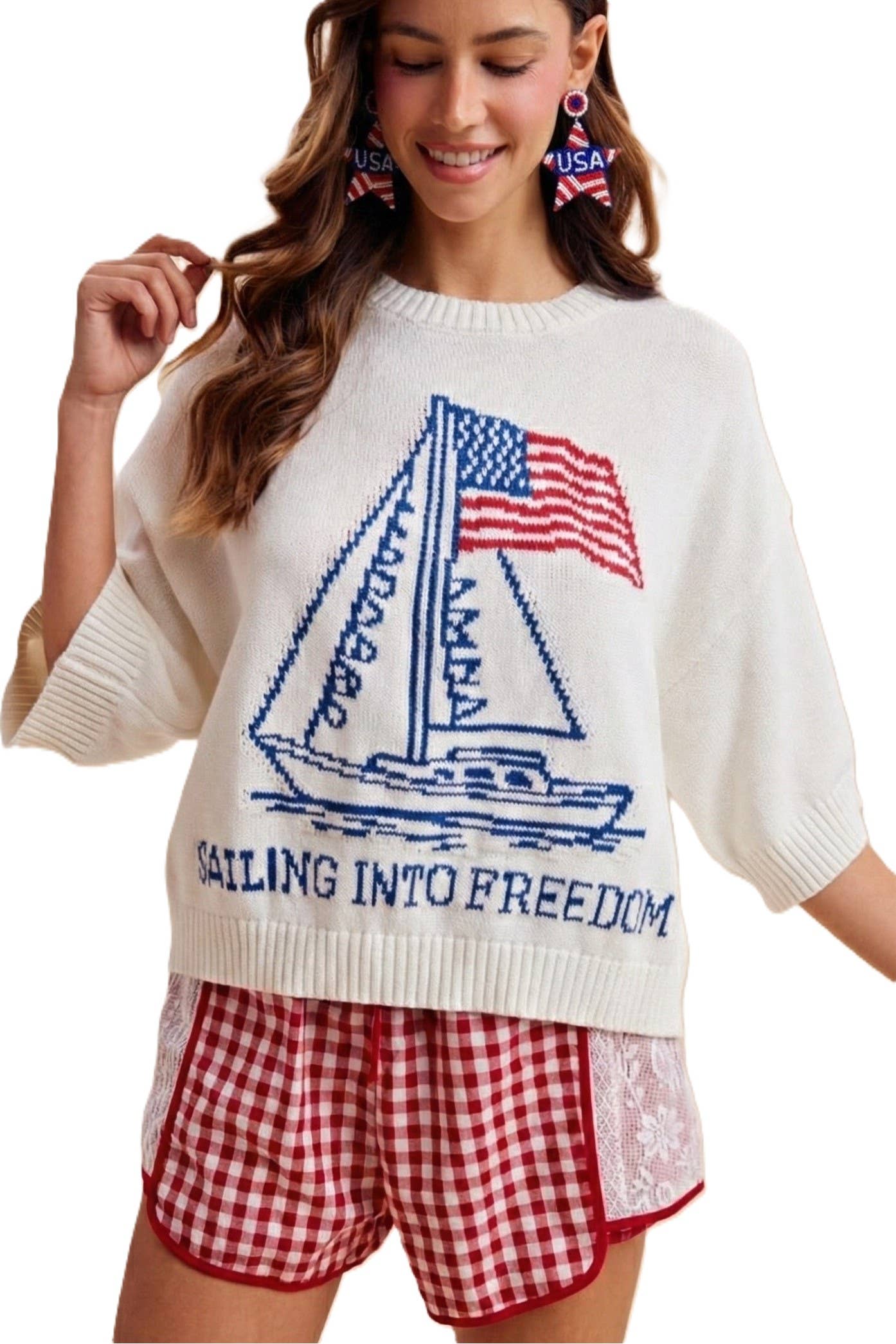 4th Of July Sailor Boat And Usa Flag Graphic Sweater