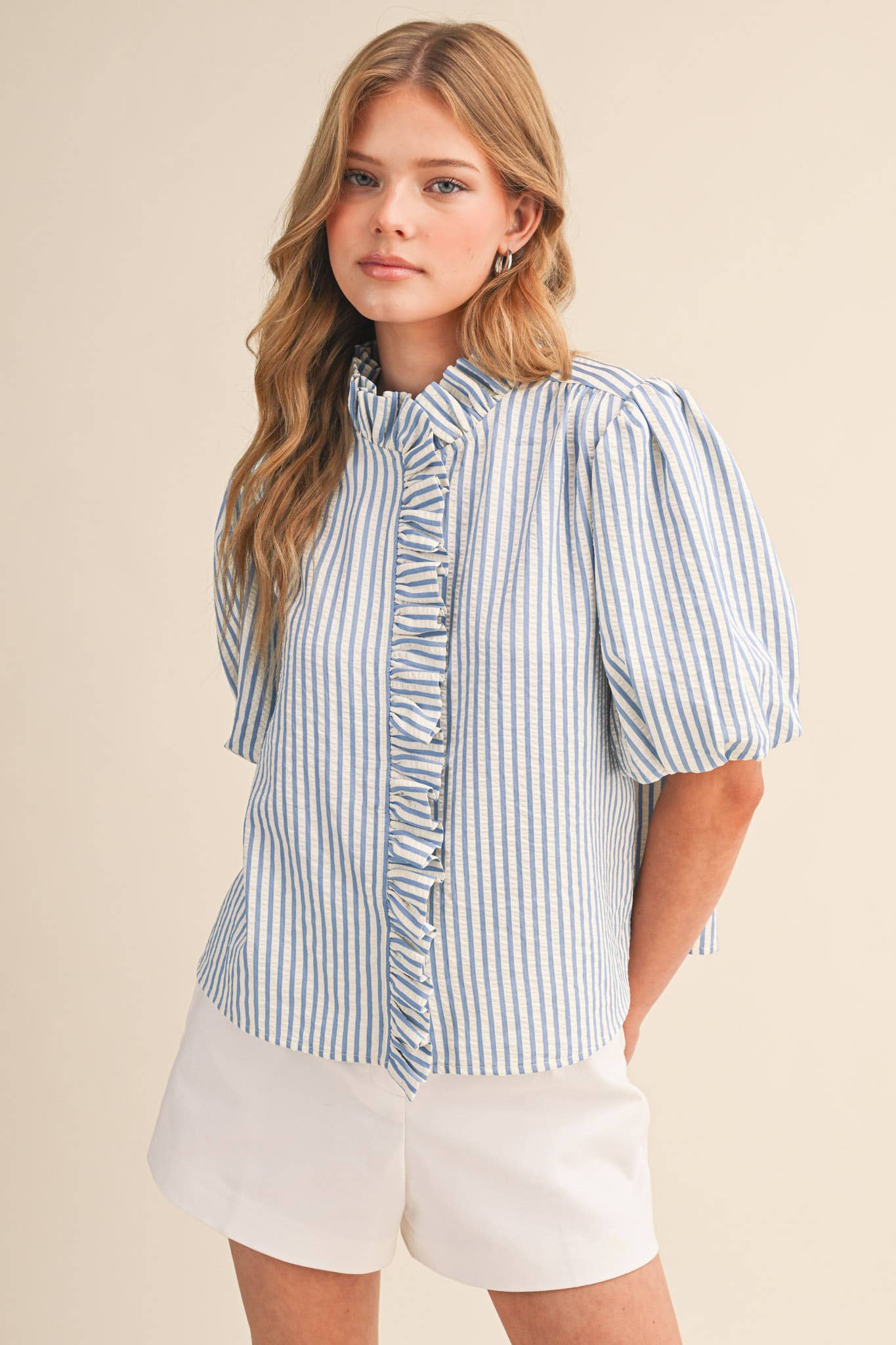 STRIPED RUFFLED BUTTON DOWN TOP
