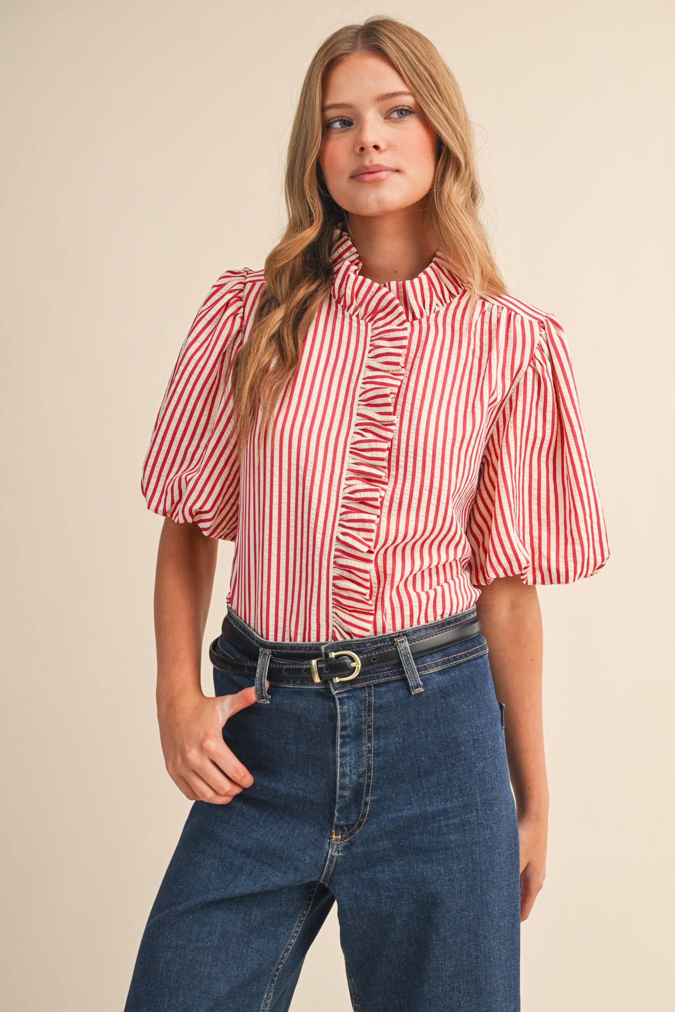 STRIPED RUFFLED BUTTON DOWN TOP