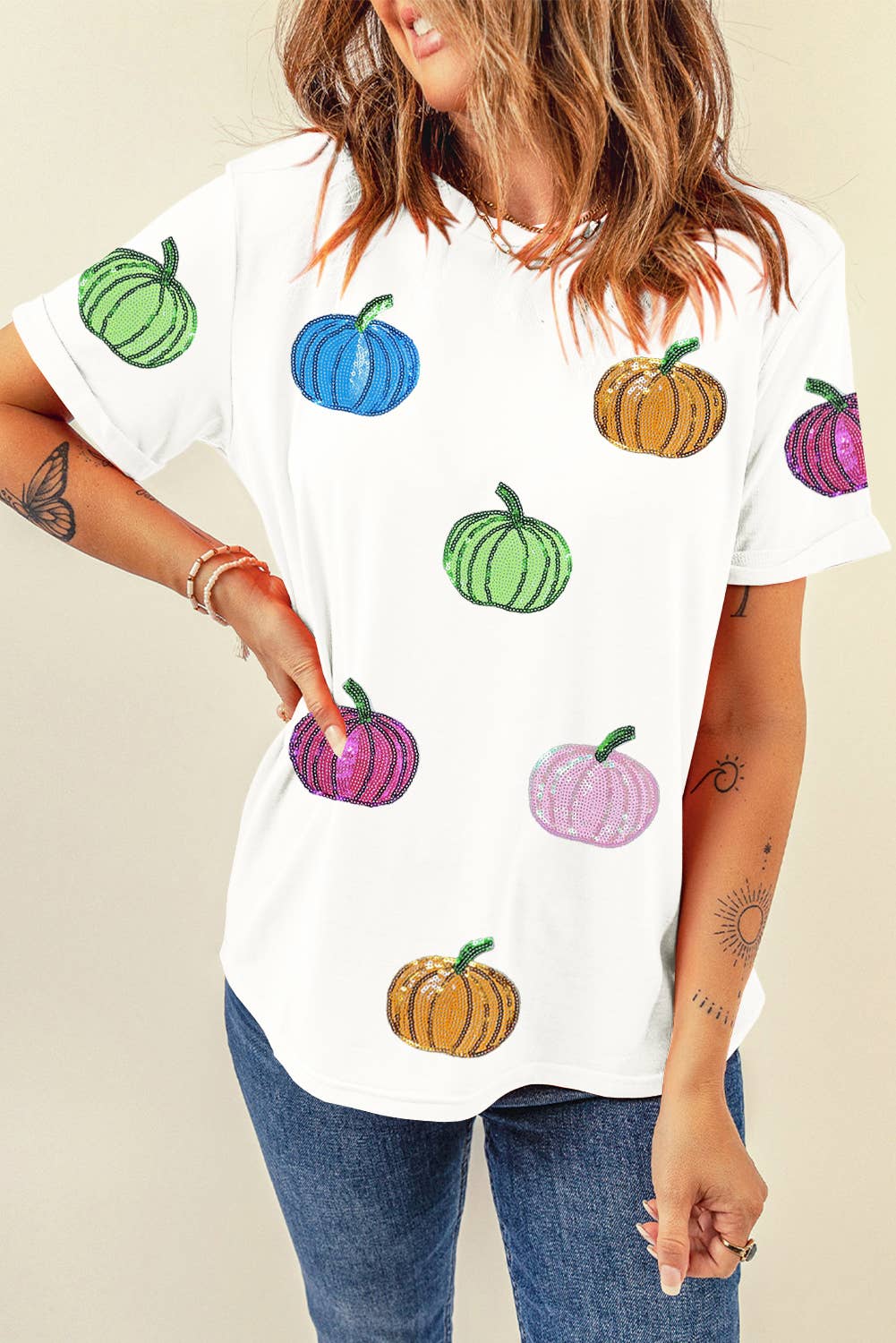 LDC Sequin Pumpkin Patched Cotton Blend T Shirt: White