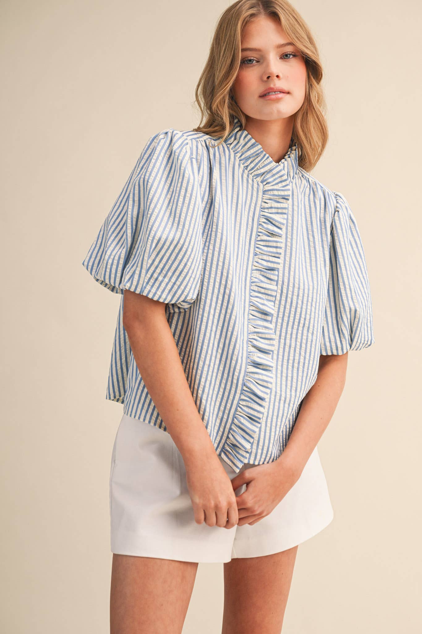 STRIPED RUFFLED BUTTON DOWN TOP