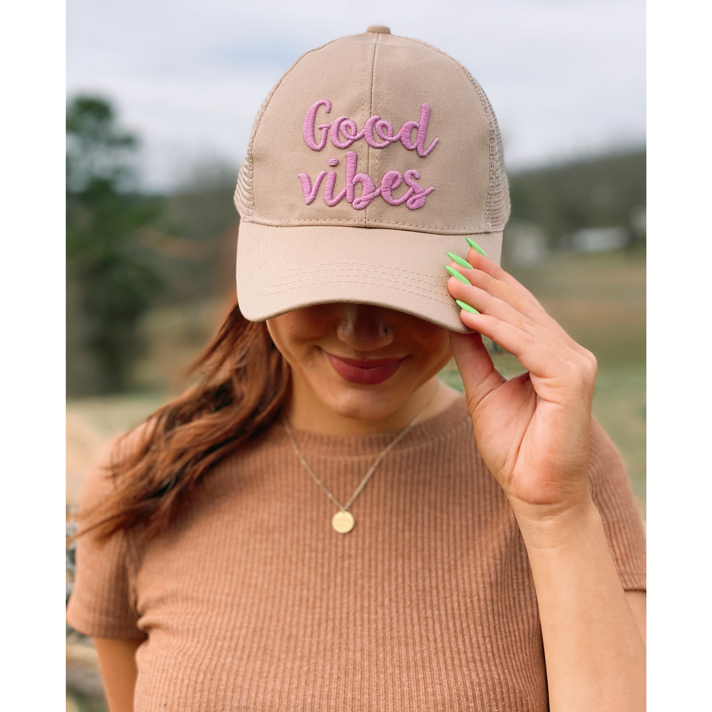 Good Vibes Embroidered Mesh Back High Ponytail CC Ball Cap BT10-GV: White