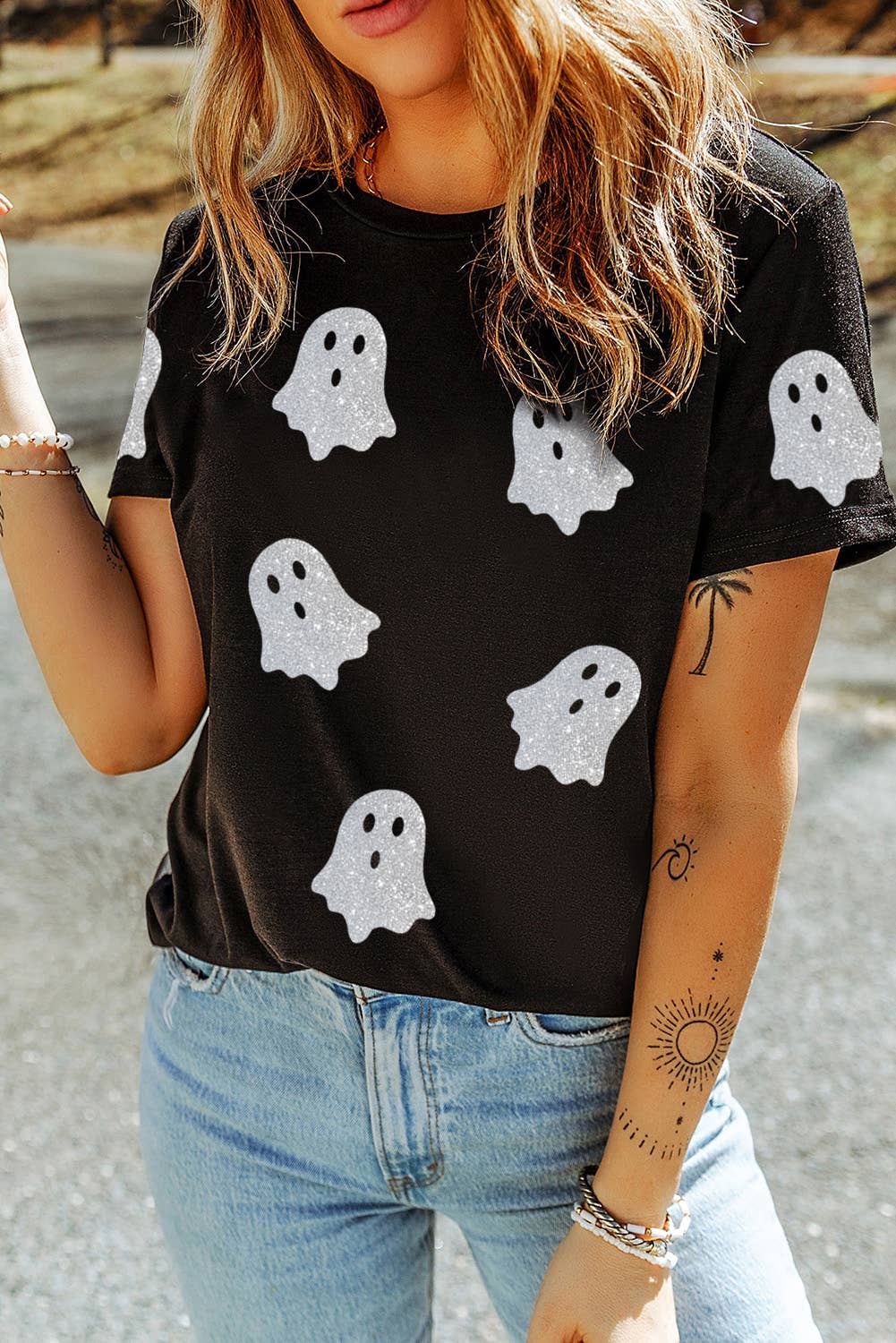 LDC Glitter Ghost Pattern Crew Neck Halloween Graphic Shirt: Black / 2XL