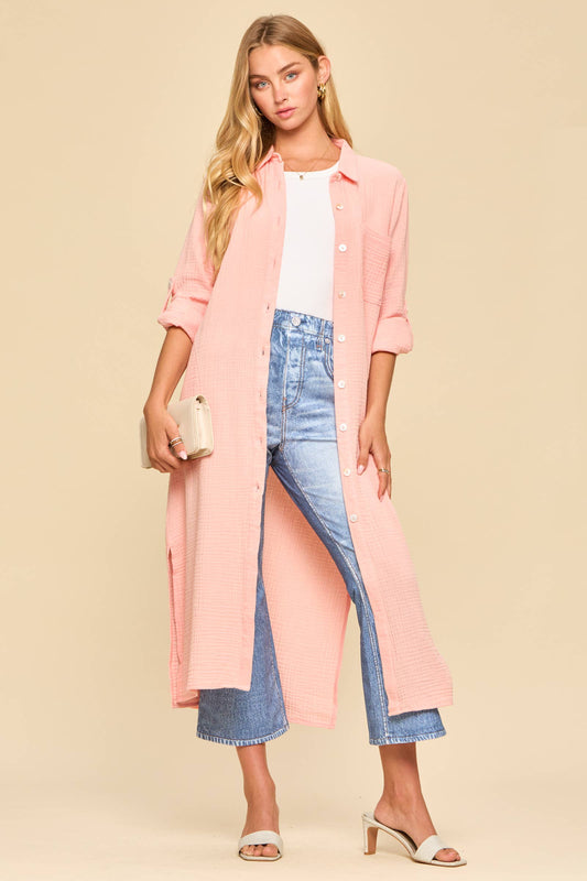 Breathable Cotton Button-Down Duster: PEACH SORBET