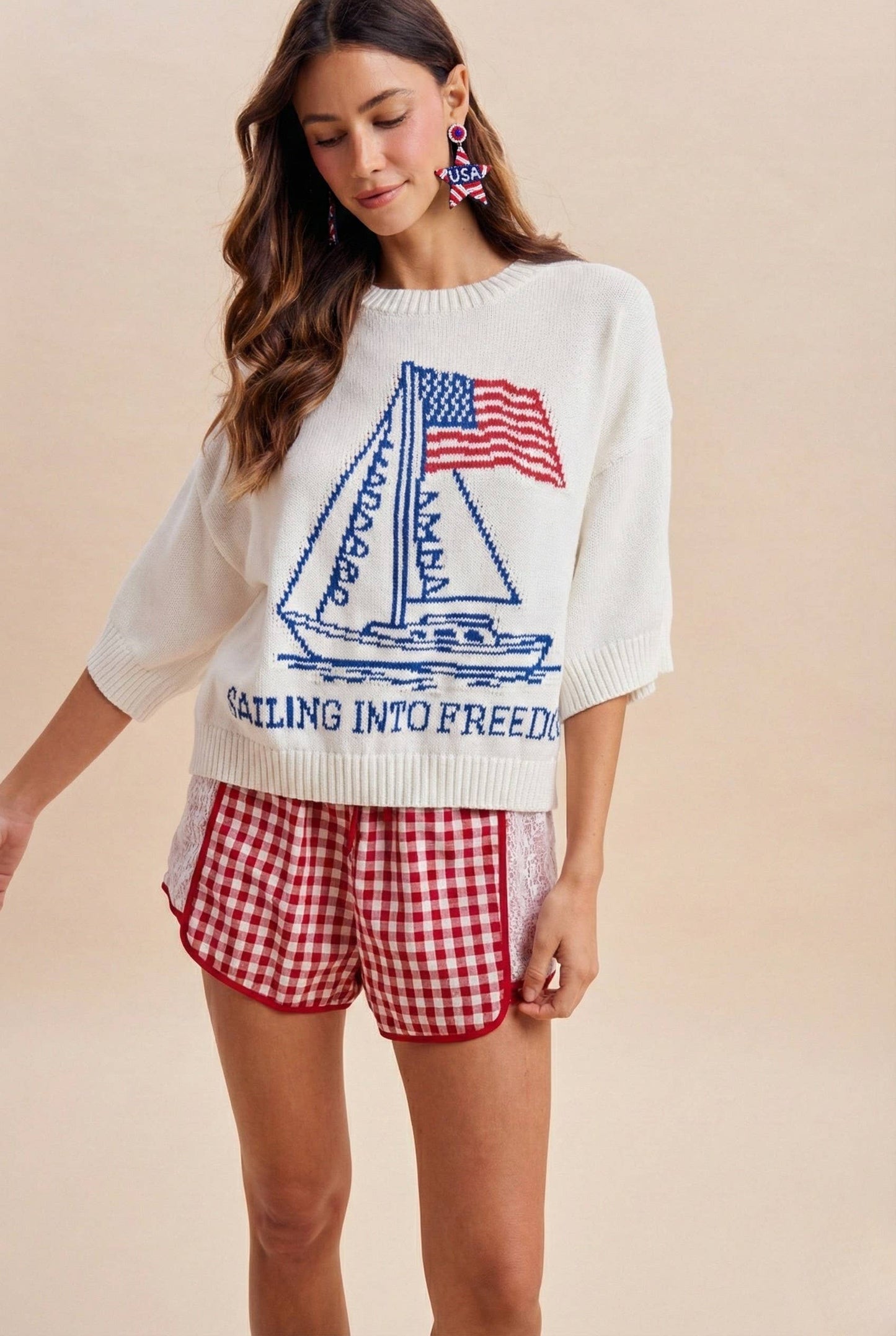 4th Of July Sailor Boat And Usa Flag Graphic Sweater