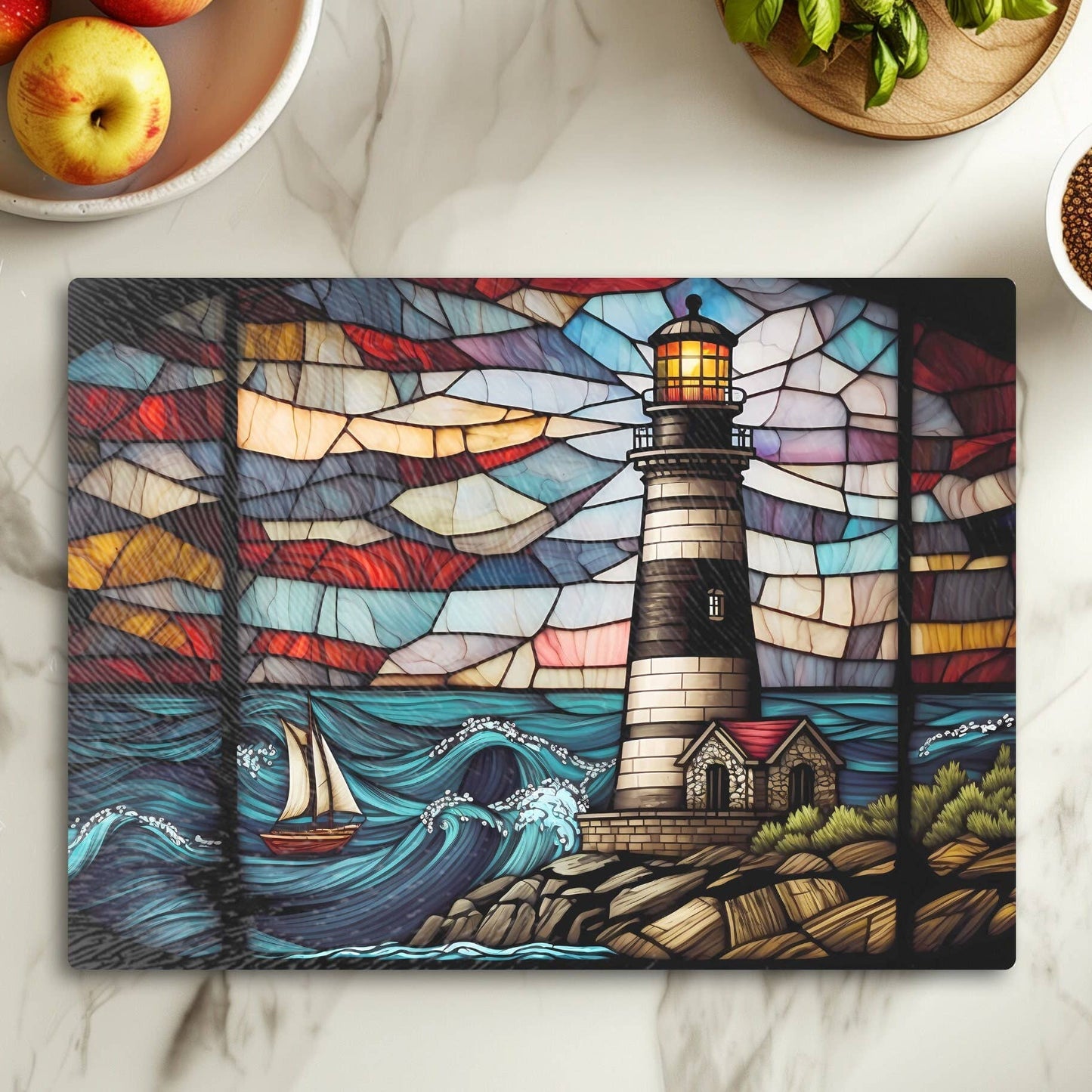 Tempered Glass Cutting Board: Lighthouse Charcuterie Tray: 11 x 15 inch