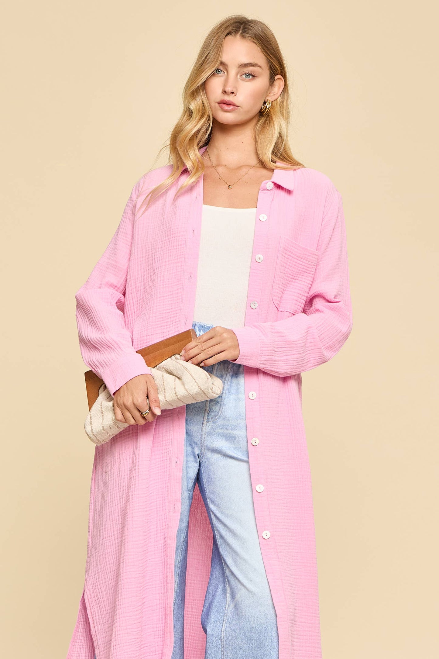 Breathable Cotton Button-Down Duster: PEACH SORBET