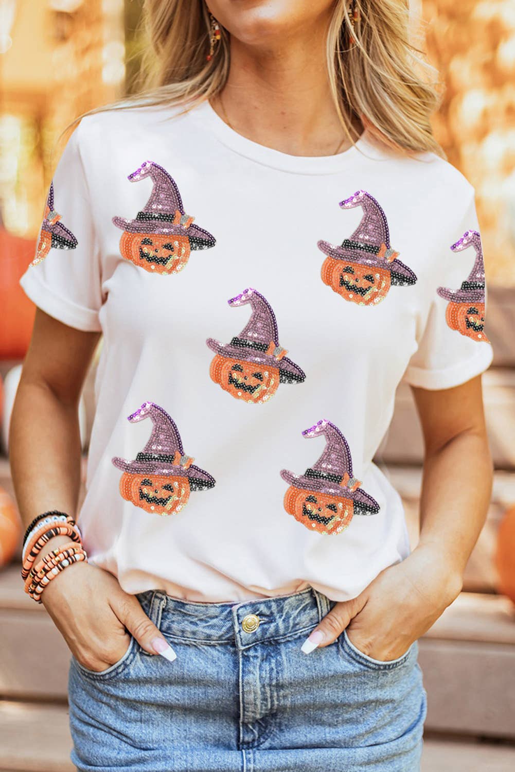 LDC Sequin Pumpkin Witch Halloween Graphic Tee: White