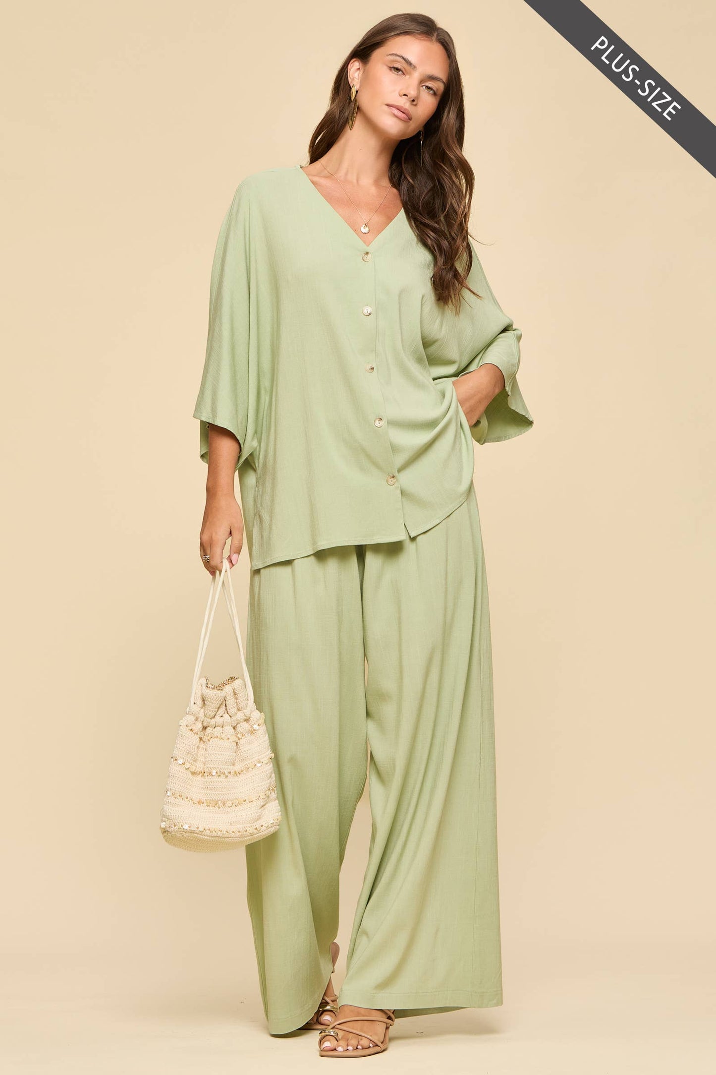 PLUS SIZE 2-Piece Linen Summer Set: EMERALD