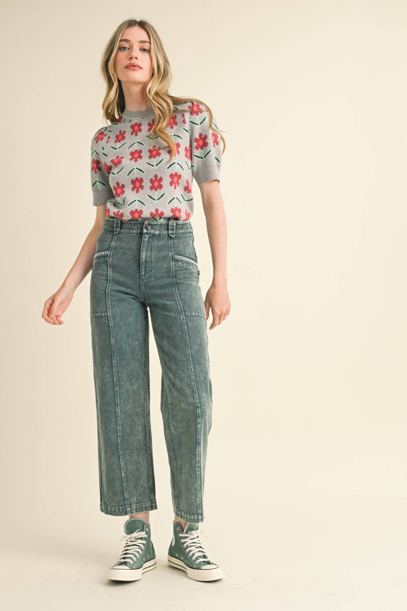 SHORT SLEEVE FLORAL KNIT SWEATER CREAM