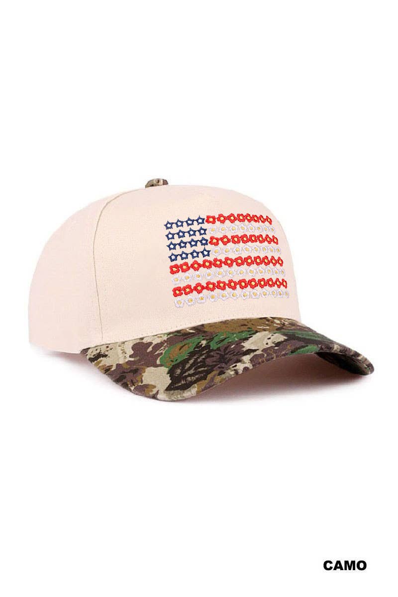 Star Floral American Flag Two Tone Cotton Hat: CAMO /