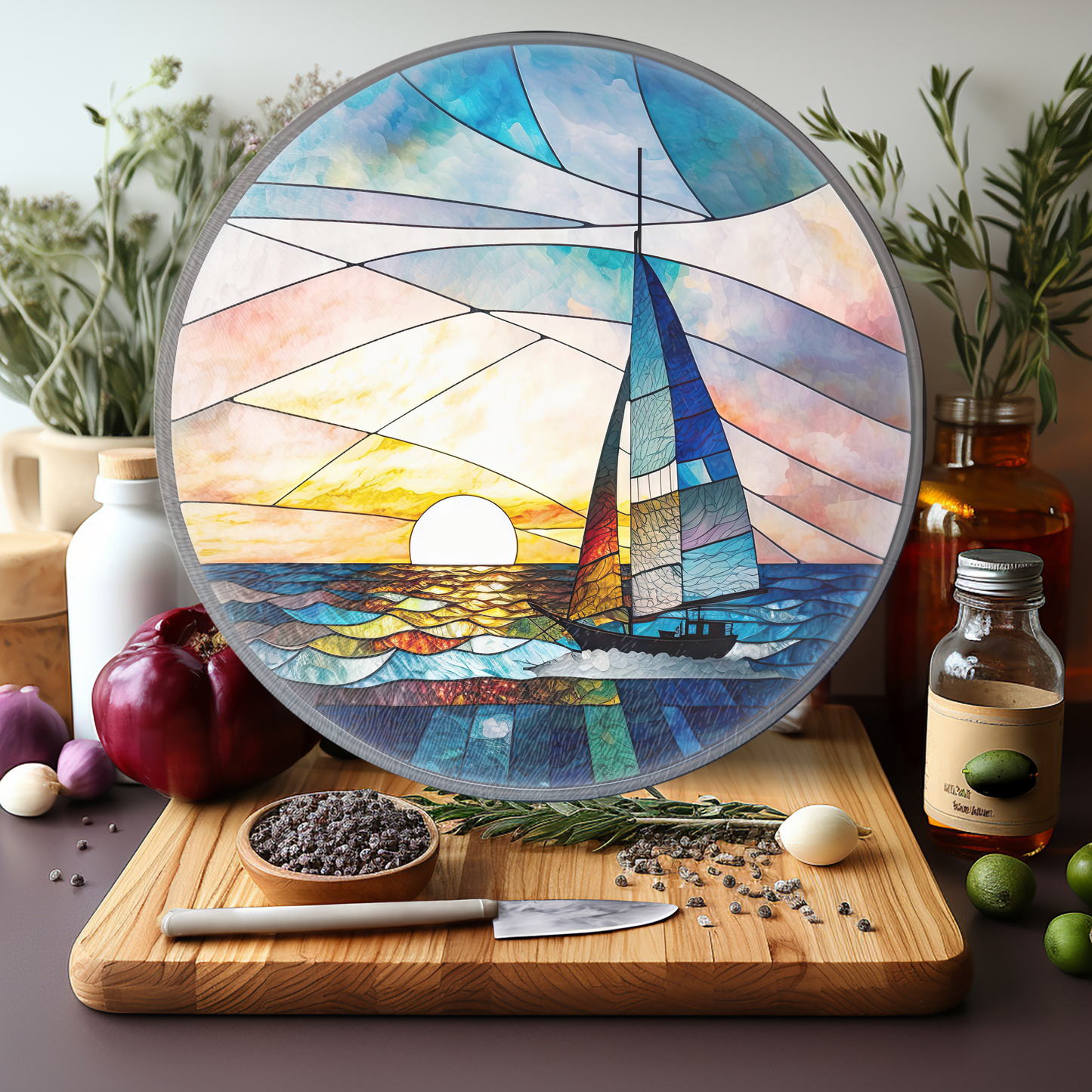 Tempered Glass Cutting Board: Nautical Serving Tray: 8 - Inch
