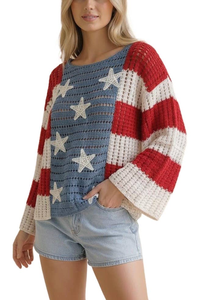 Star And Stripe Crochet Sweater: RED/WHITE/BLUE