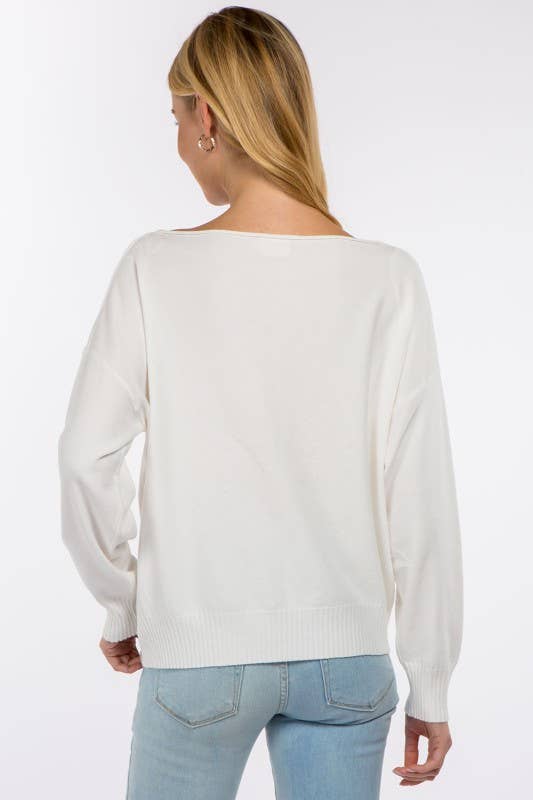 Boat Neck Pullover Sweater: Off White
