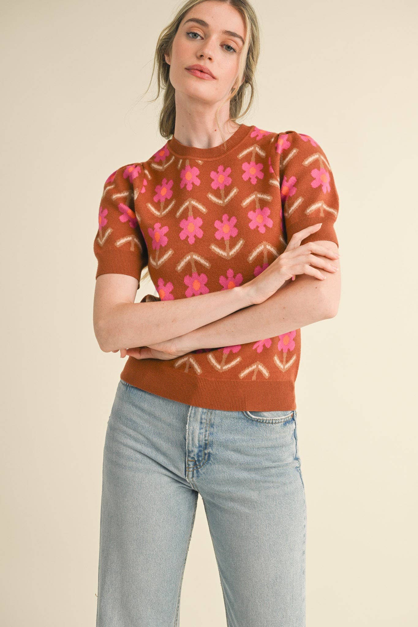 SHORT SLEEVE FLORAL KNIT SWEATER ORCHID