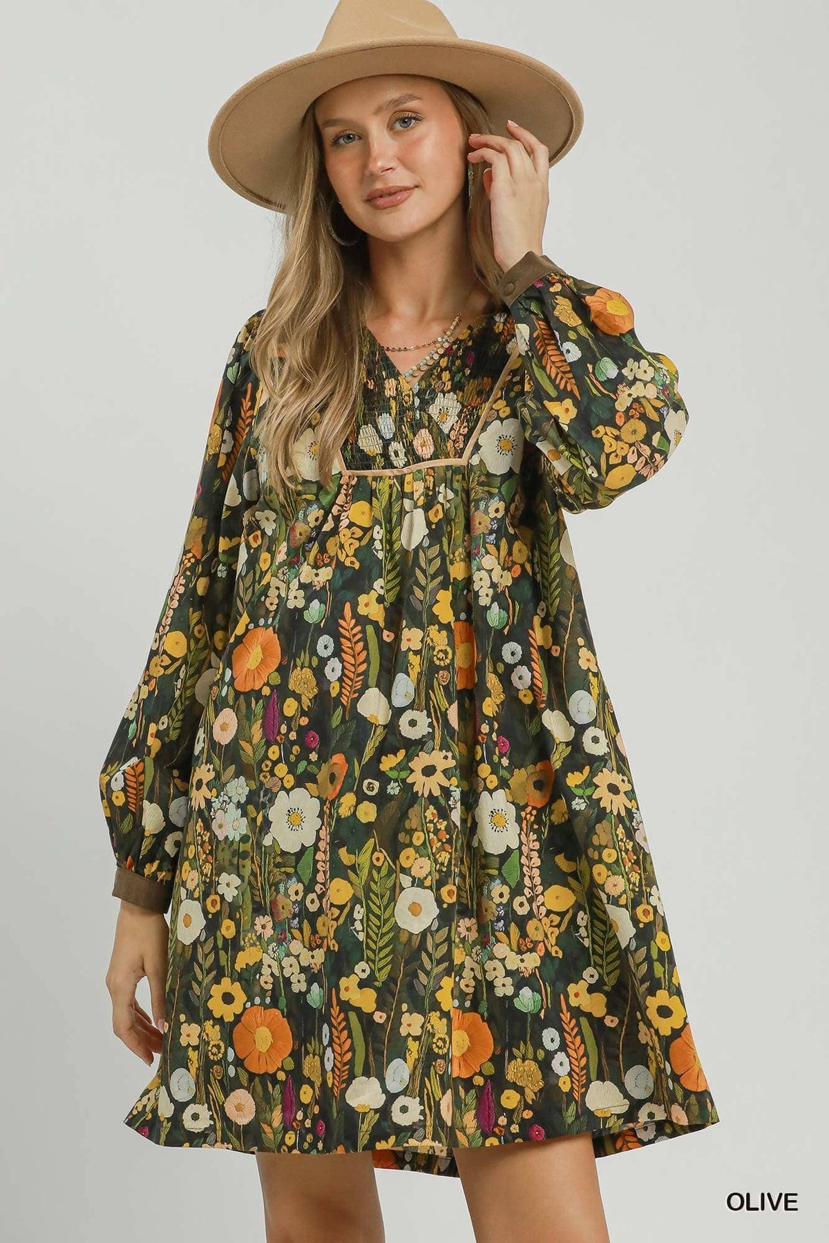 Floral Print Smocked Yoke Babydoll Dress: OLIVE