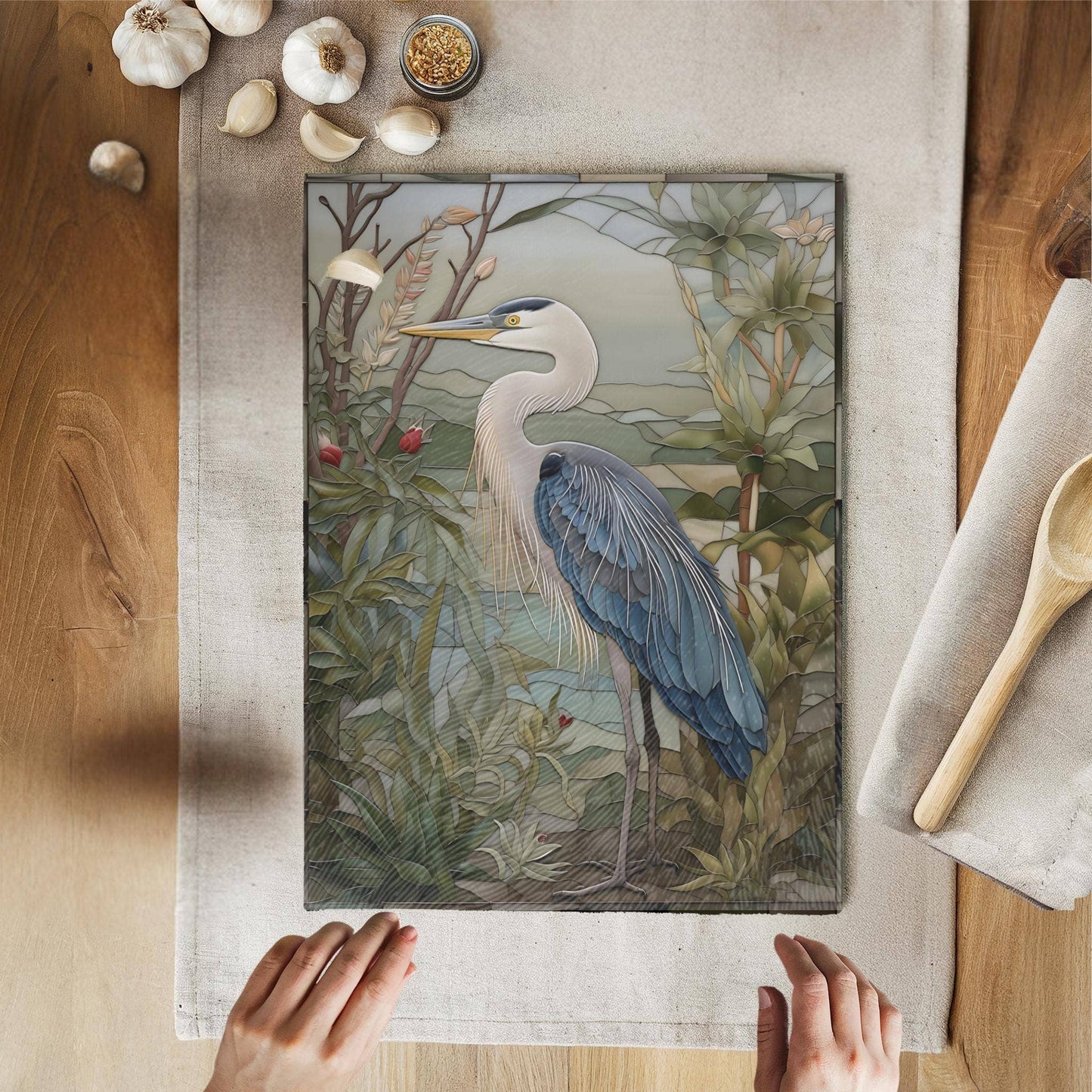 Blue Heron Tempered Glass Kitchen Cutting Board: 11x15 inch