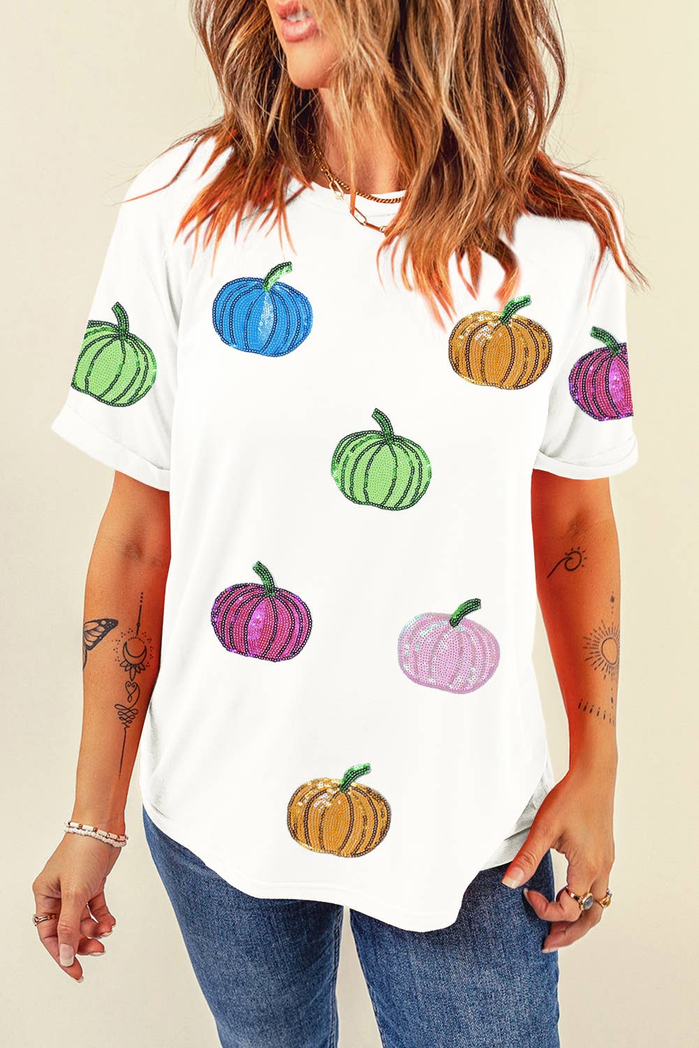 LDC Sequin Pumpkin Patched Cotton Blend T Shirt: White