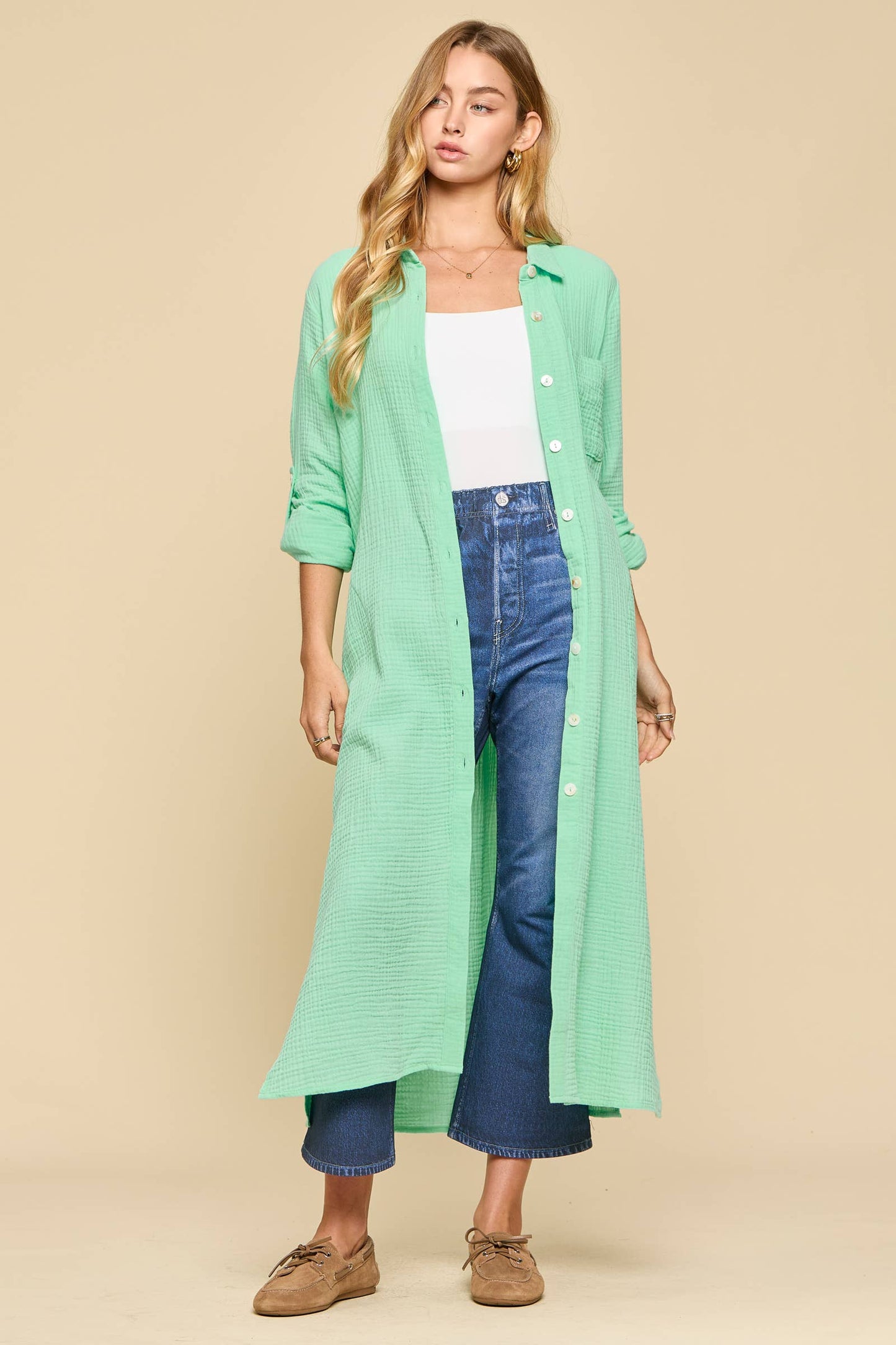 Breathable Cotton Button-Down Duster: PEACH SORBET