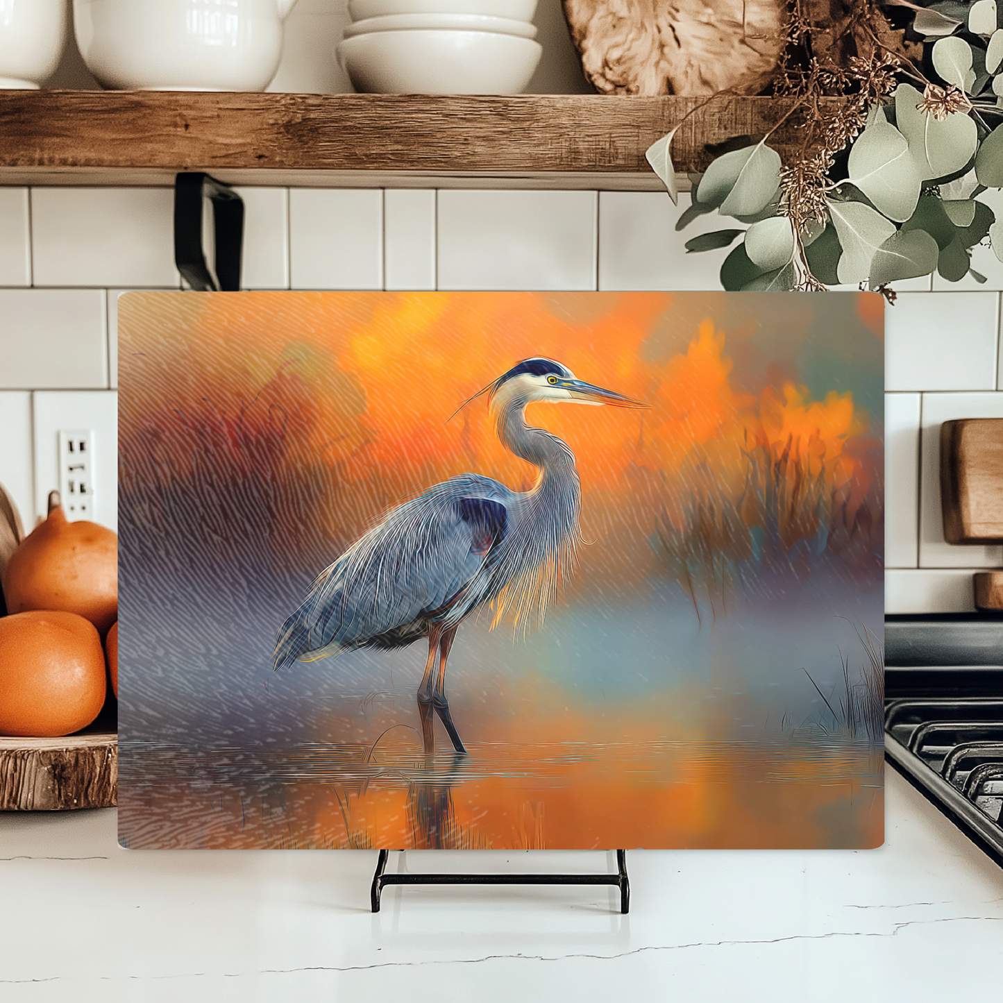 Blue Heron Tempered Glass Kitchen Cutting Board: 11x15 inch