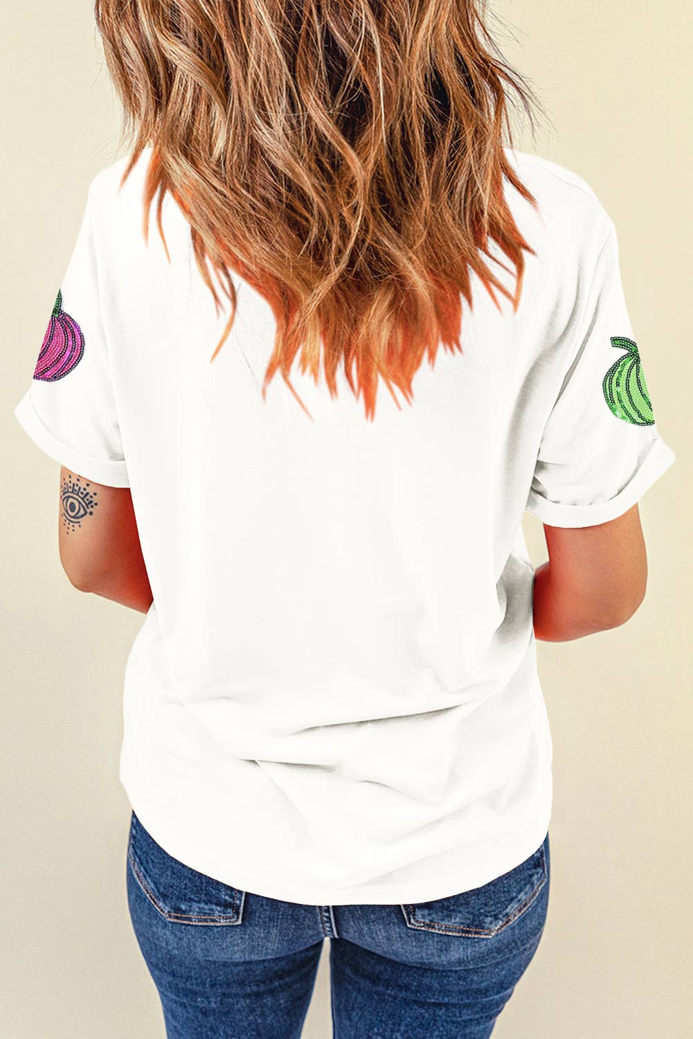 LDC Sequin Pumpkin Patched Cotton Blend T Shirt: White