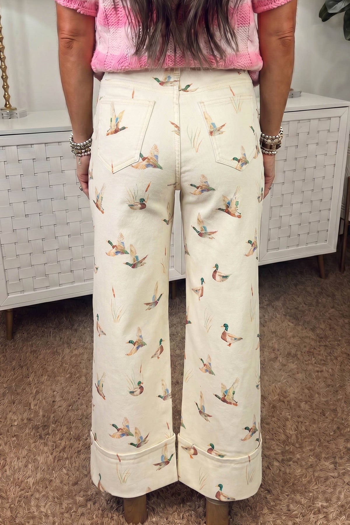 LDC Stylish Mallard Printed Cuffed Hem Shift Jeans: Beige / 10