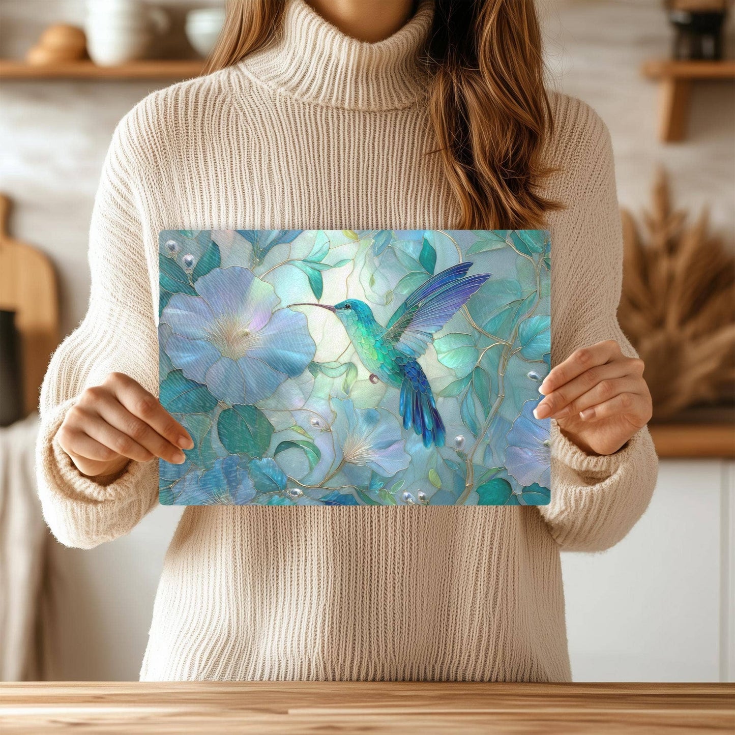 Hummingbird Tempered Glass Cutting Board & Serving Tray: 8x11 inch