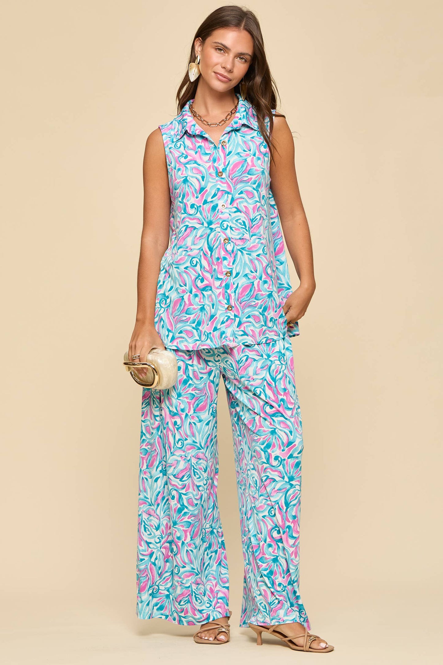 2-Piece Tank + Relaxed Pants Resort Wear Set: AQUA PINK