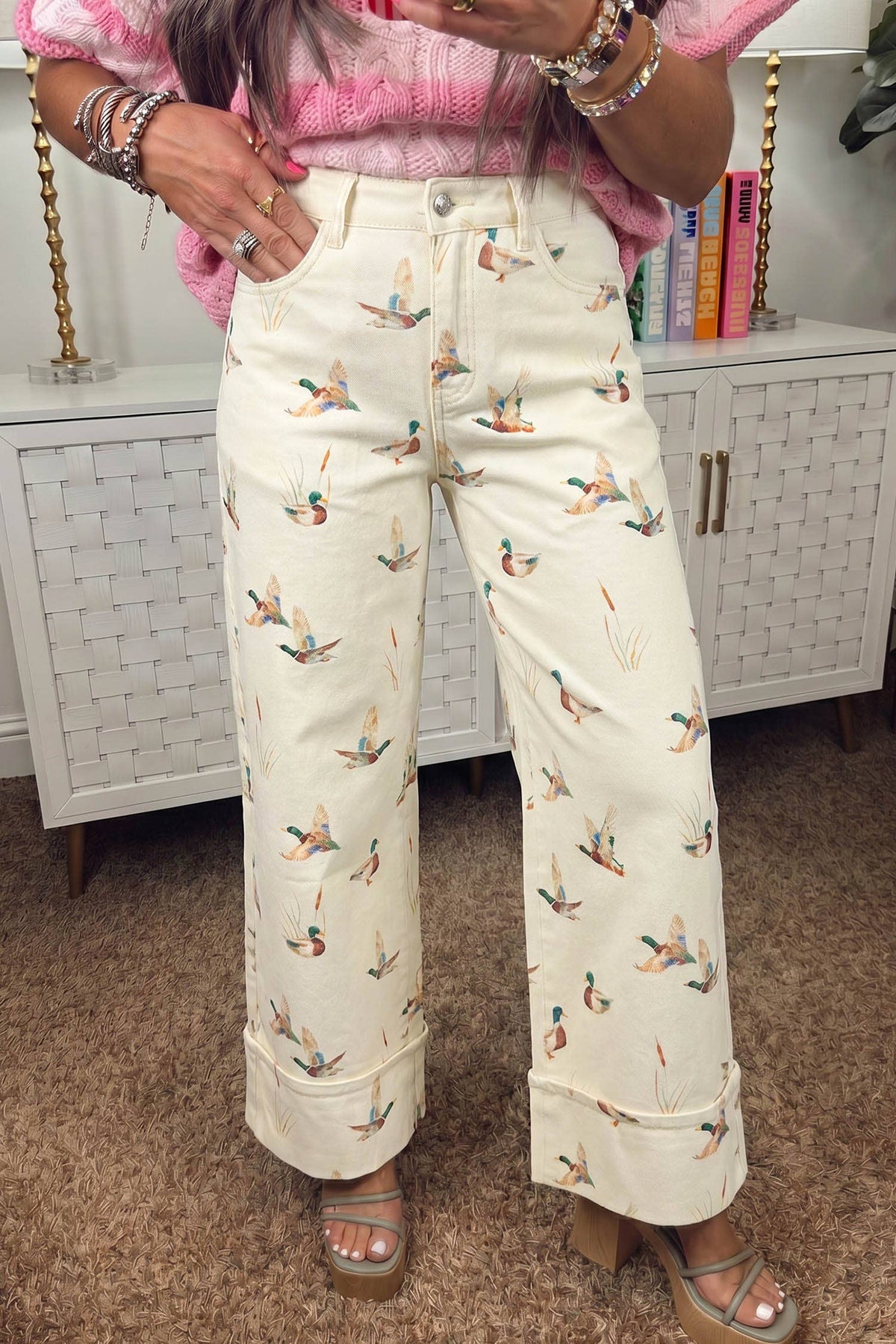 LDC Stylish Mallard Printed Cuffed Hem Shift Jeans: Beige / 10