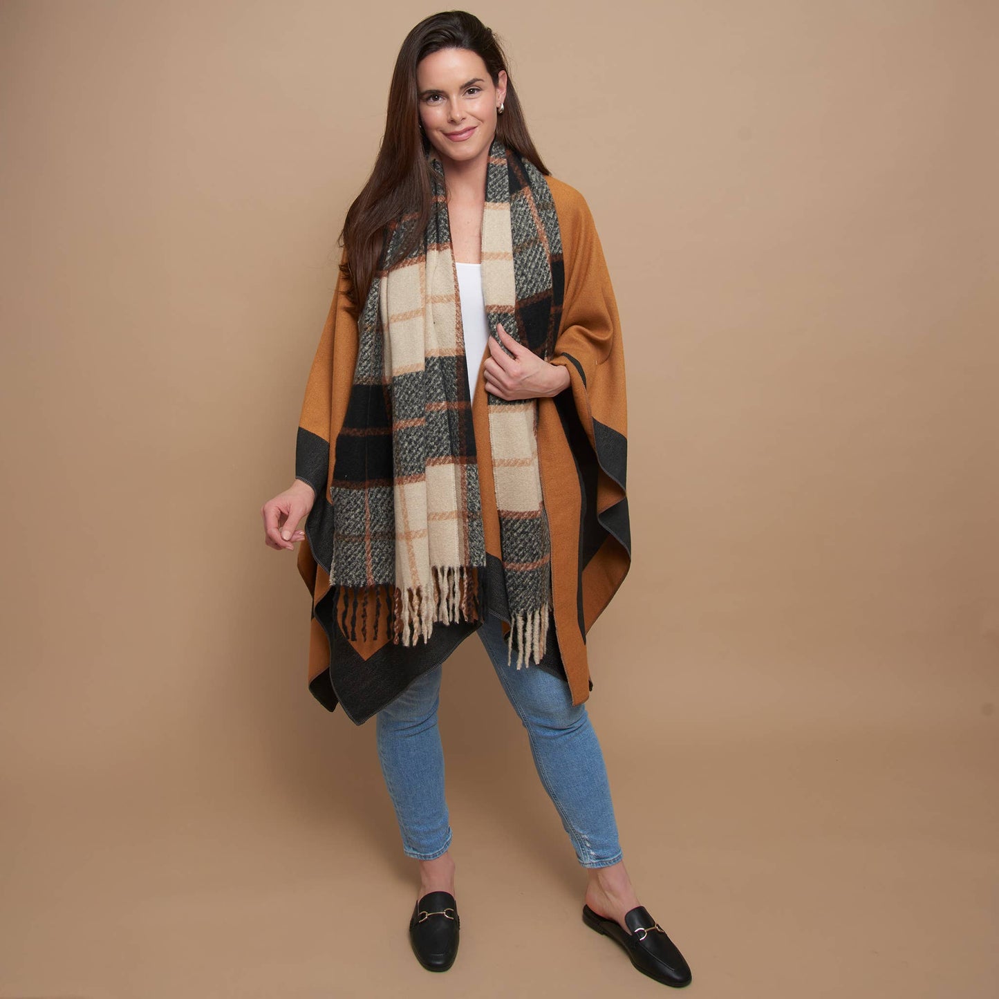 Kylie Windowpane Plaid Fringe Winter Scarf: Cream