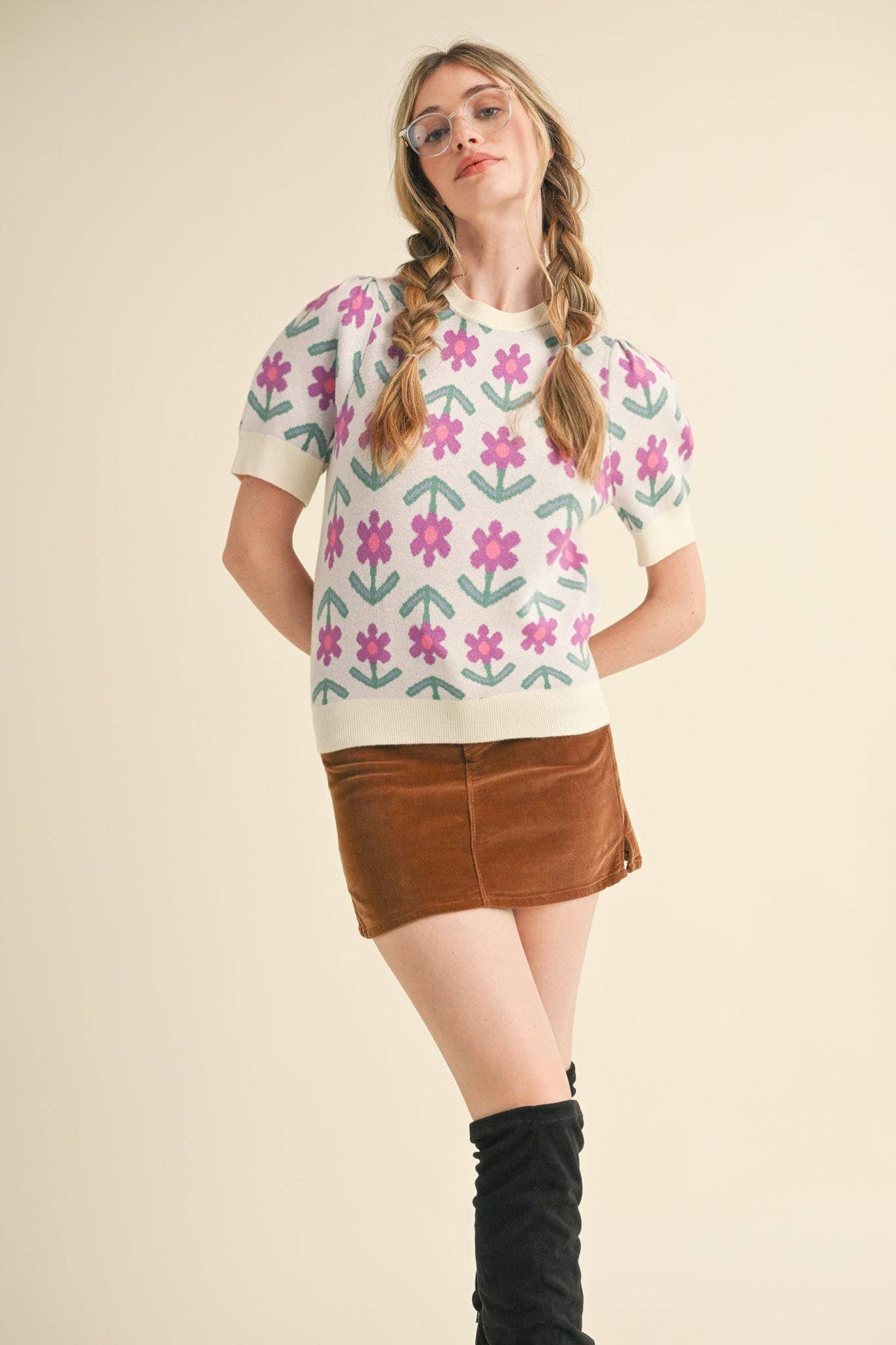 SHORT SLEEVE FLORAL KNIT SWEATER ORCHID