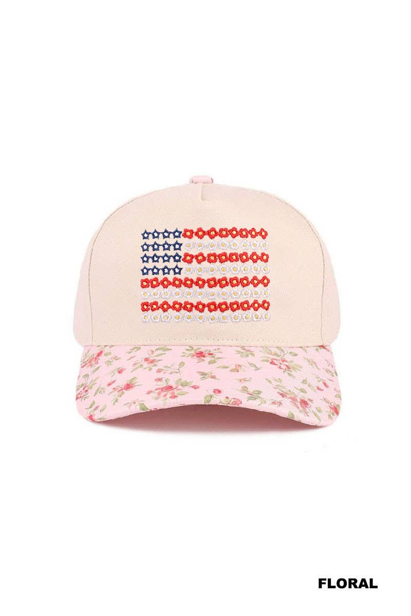 Star Floral American Flag Two Tone Cotton Hat: CAMO /