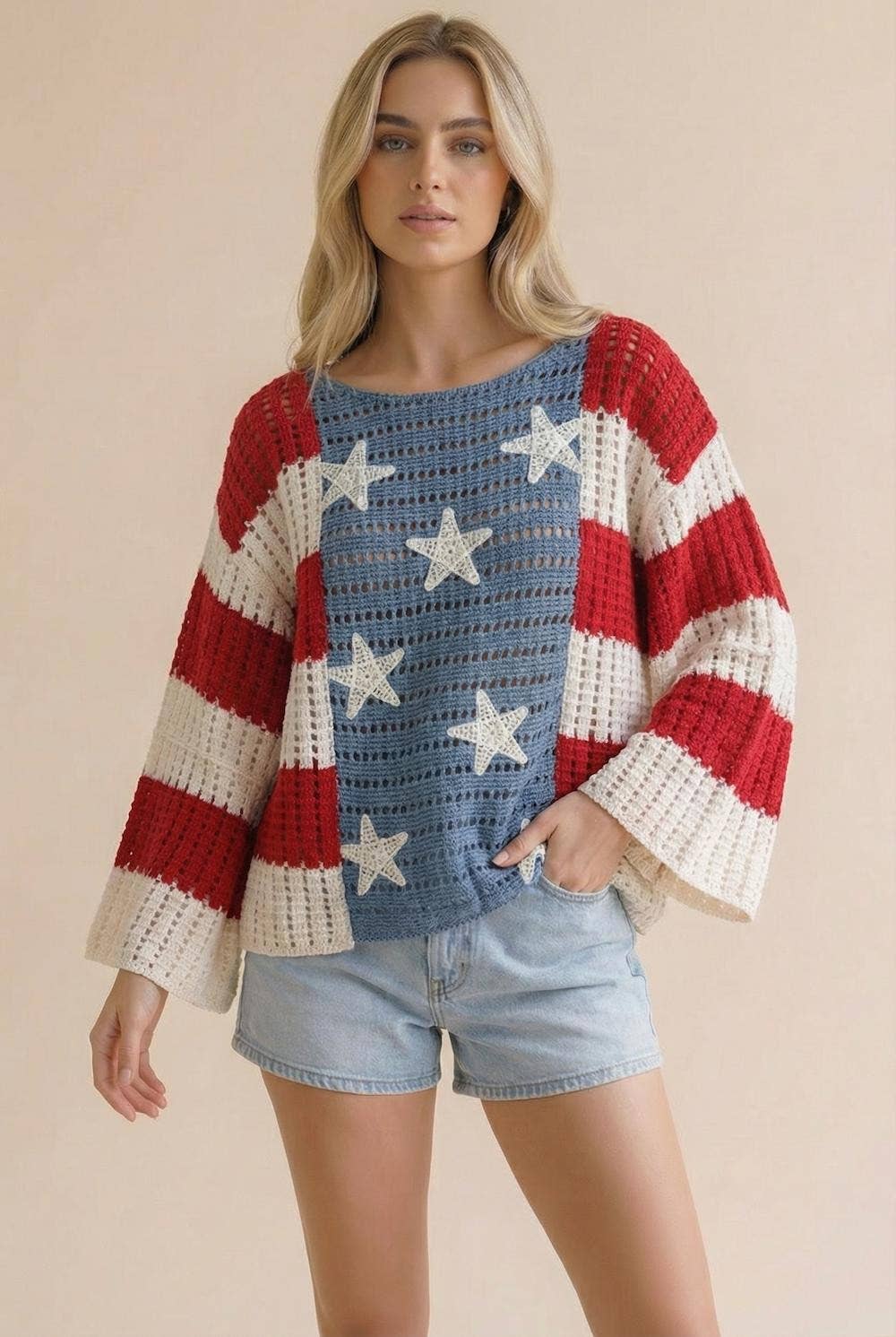 Star And Stripe Crochet Sweater: RED/WHITE/BLUE