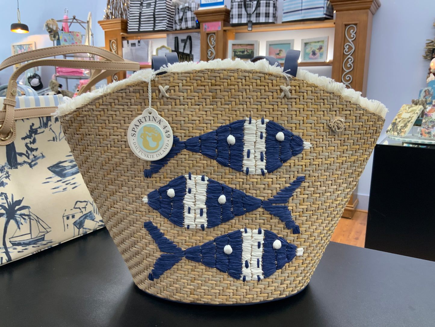 Spartina straw fringe tote resort fish